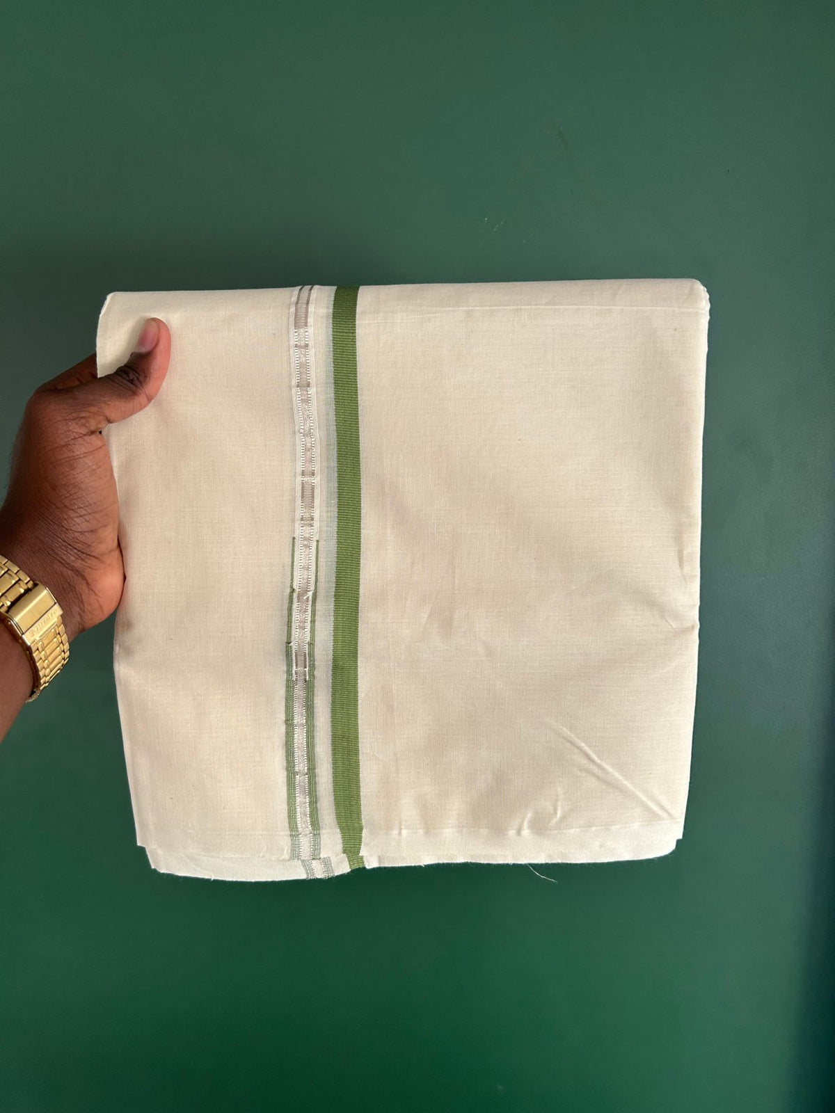 Double Off White (Unbleached) Mundu/Dhoti - 20% Discount!! KaithariKada Pulimood 100% Cotton 100x100 - 1 cm Puliyilakkara Silver Kasav & Forest Green Striped Chutty Kara - 3.75 mtr (8 muzham) - 6 KK5546 ASH