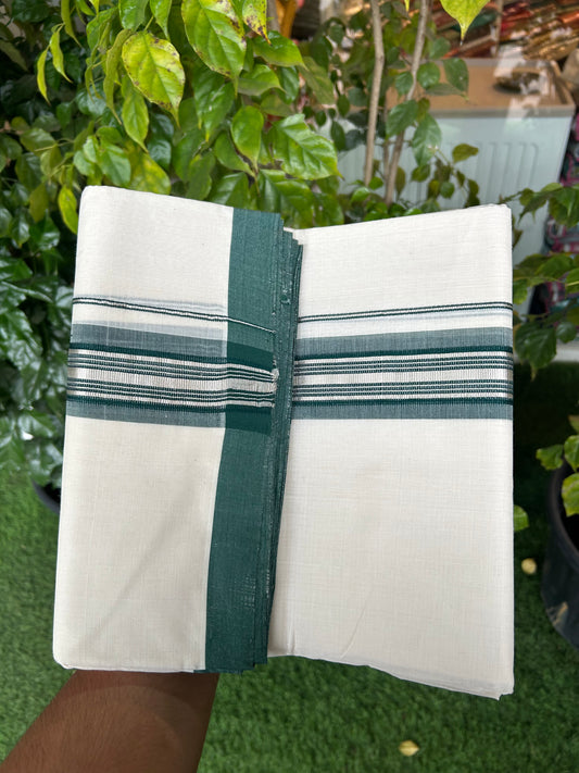 25% Discount ! KaithariKada Handloom Millpaav Balaramapuram - 100% Pure Cotton Off White (Unbleached) Double Mundu/Dothi - 80x90 - 2 inch Silver Kasav & Green Striped Kara 4 Meters (8.5 Muzham) - 8 KK5328 RAM