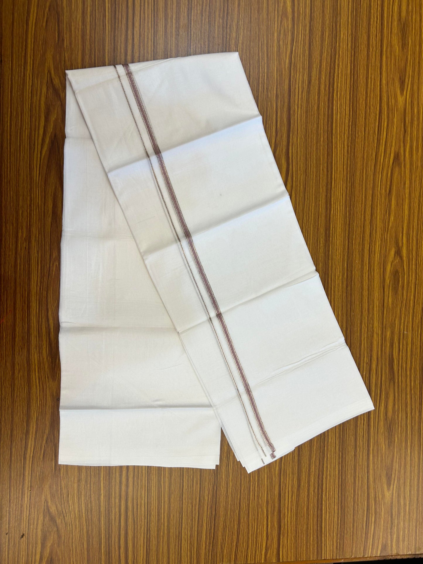 20% Discount! KaithariKada Balaramapuram 100% Cotton Double Pure white Mundu/Dhoti- 100X80 - 1 cm Light Maroon & Silver Kasav shaded Kara - Between3.80-3.95m (8 muzham) - 18 KK5355 CKS