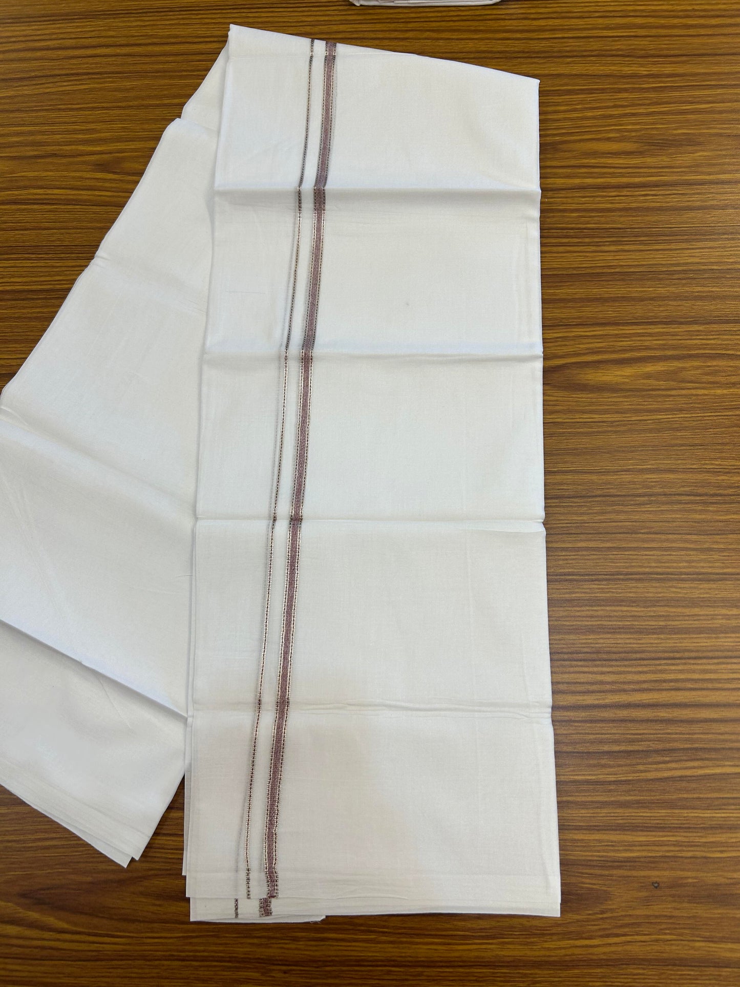 20% Discount! KaithariKada Balaramapuram 100% Cotton Double Pure white Mundu/Dhoti- 100X80 - 1 cm Light Maroon & Silver Kasav shaded Kara - Between3.80-3.95m (8 muzham) - 18 KK5355 CKS