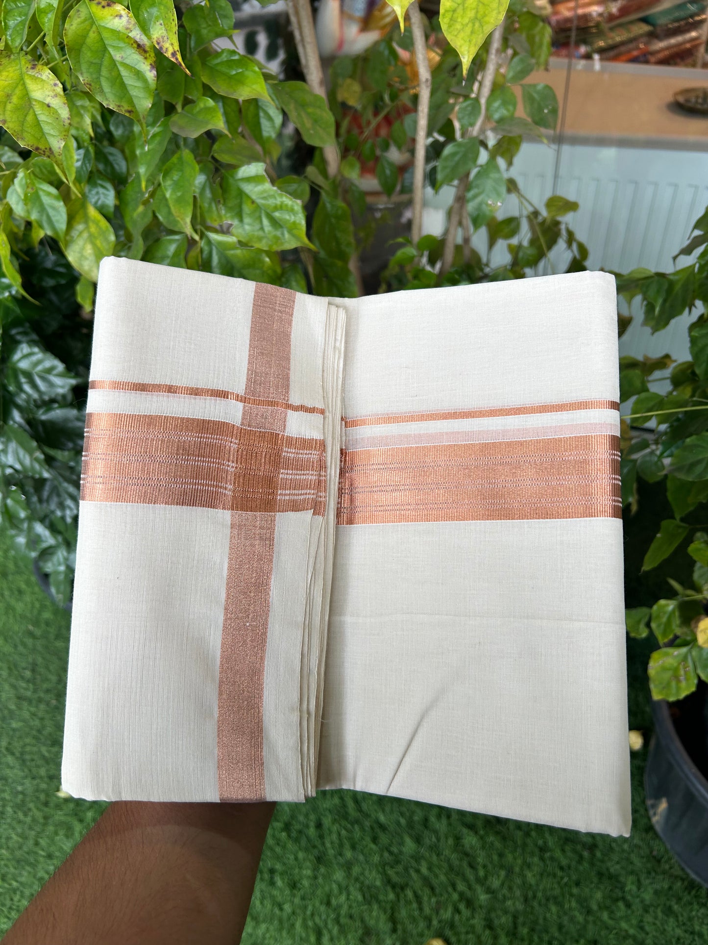 25% Discount ! KaithariKada Handloom Millpaav Balaramapuram - 100% Pure Cotton Off White (Unbleached) Double Mundu/Dothi - 80x90 - 1.75 inch Copper Kasav Stripes Kara 4 Mtr (8.5 Muzham) - 28 KK5328 RAM