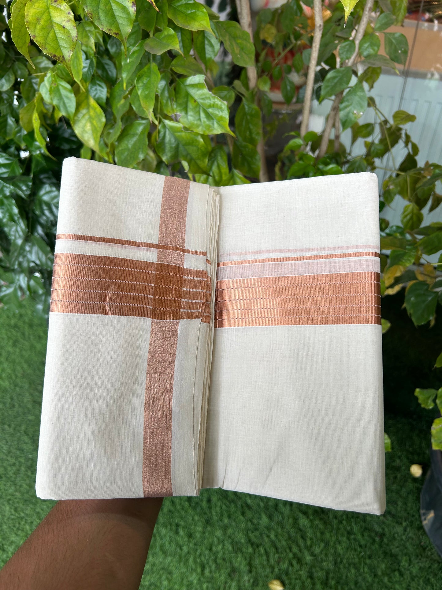 25% Discount ! KaithariKada Handloom Millpaav Balaramapuram - 100% Pure Cotton Off White (Unbleached) Double Mundu/Dothi - 80x90 - 1.75 inch Copper Kasav Stripes Kara 4 Mtr (8.5 Muzham) - 26 KK5328 RAM