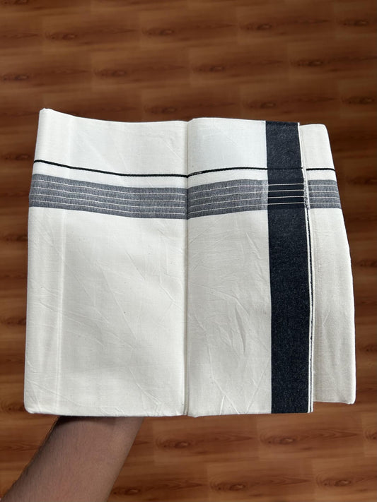 Single Mundu/Dhoti - Off White (Unbleached) 29% Discount !! KaithariKada Balaramapuram 100% Cotton Twisted 60s Thread - 1 Inch Silver Kasav & Black Shaded Striped Kara (2 meter /4 muzham) - 14 KK5393 GL