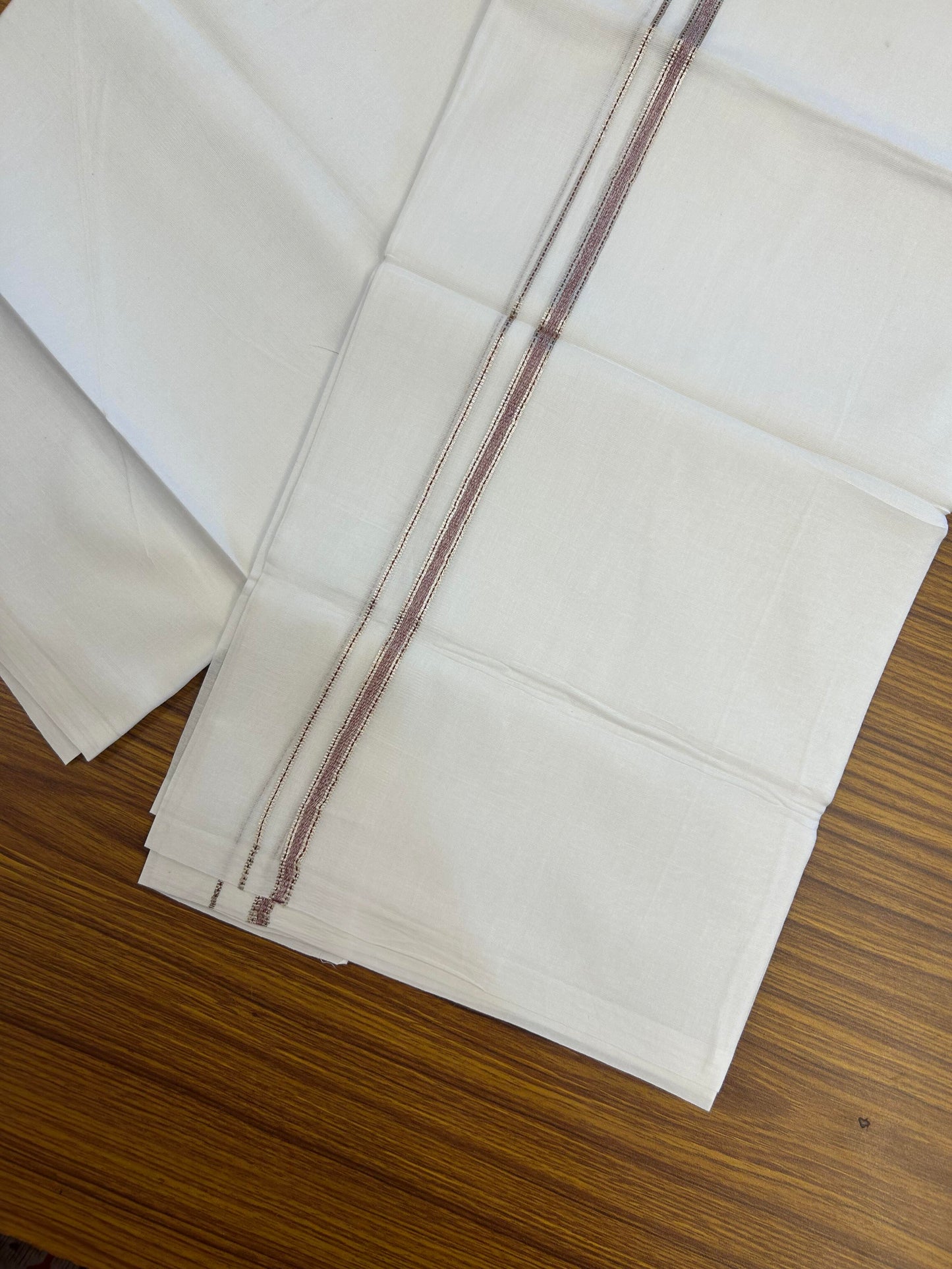 20% Discount! KaithariKada Balaramapuram 100% Cotton Double Pure white Mundu/Dhoti- 100X80 - 1 cm Light Maroon & Silver Kasav shaded Kara - Between3.80-3.95m (8 muzham) - 18 KK5355 CKS