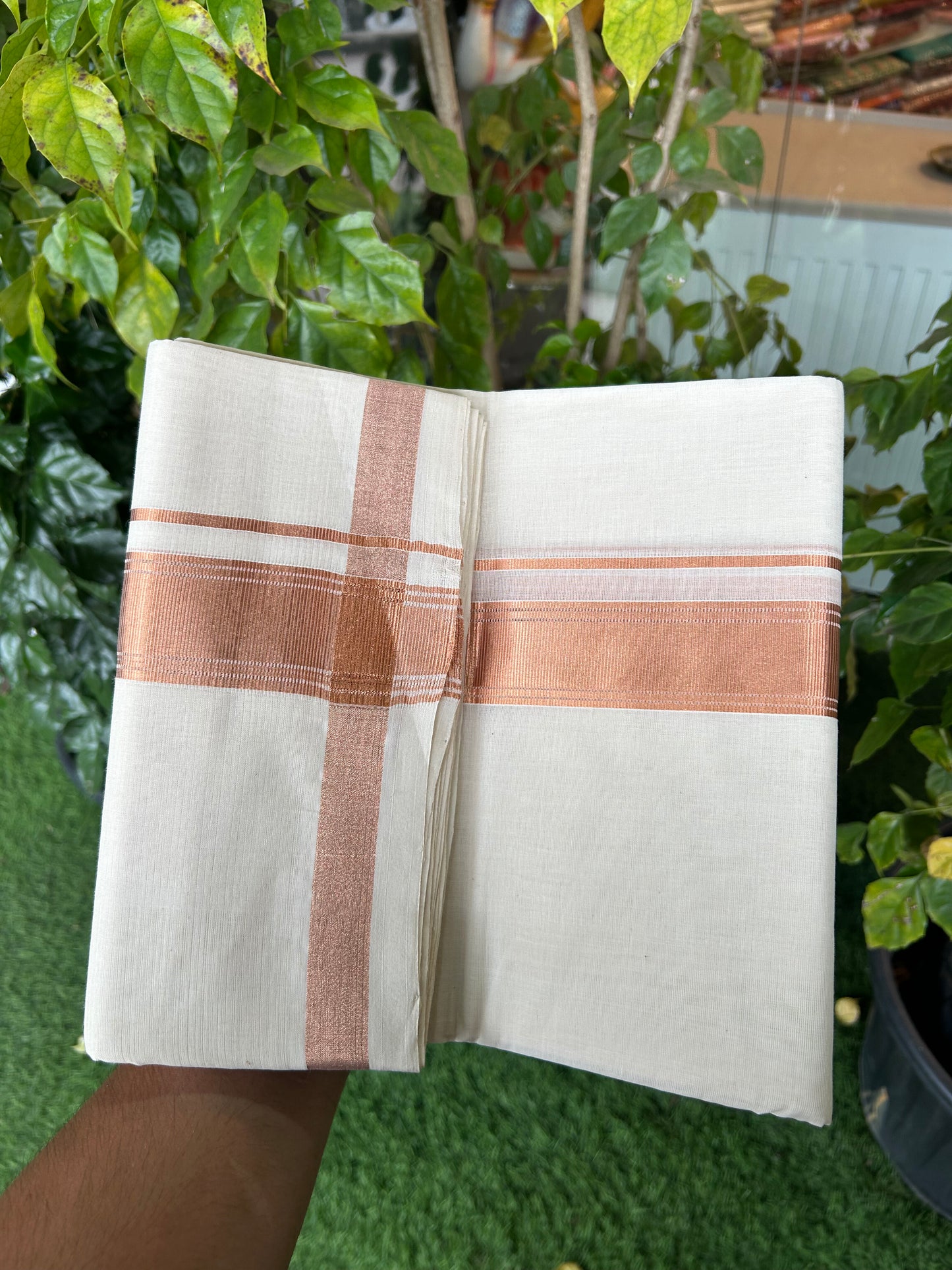 25% Discount ! KaithariKada Handloom Millpaav Balaramapuram - 100% Pure Cotton Off White (Unbleached) Double Mundu/Dothi - 80x90 - 1.75 inch Copper Kasav Stripes Kara 4 Mtr (8.5 Muzham) - 27 KK5328 RAM