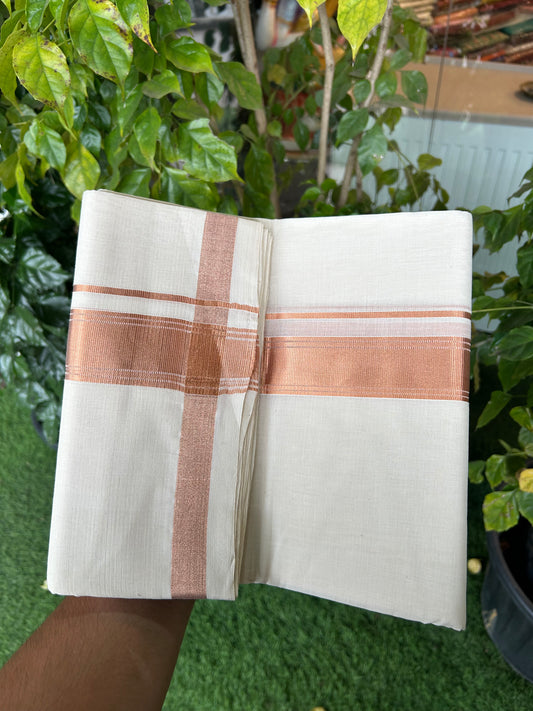 25% Discount ! KaithariKada Handloom Millpaav Balaramapuram - 100% Pure Cotton Off White (Unbleached) Double Mundu/Dothi - 80x90 - 1.75 inch Copper Kasav Stripes Kara 4 Mtr (8.5 Muzham) - 27 KK5328 RAM