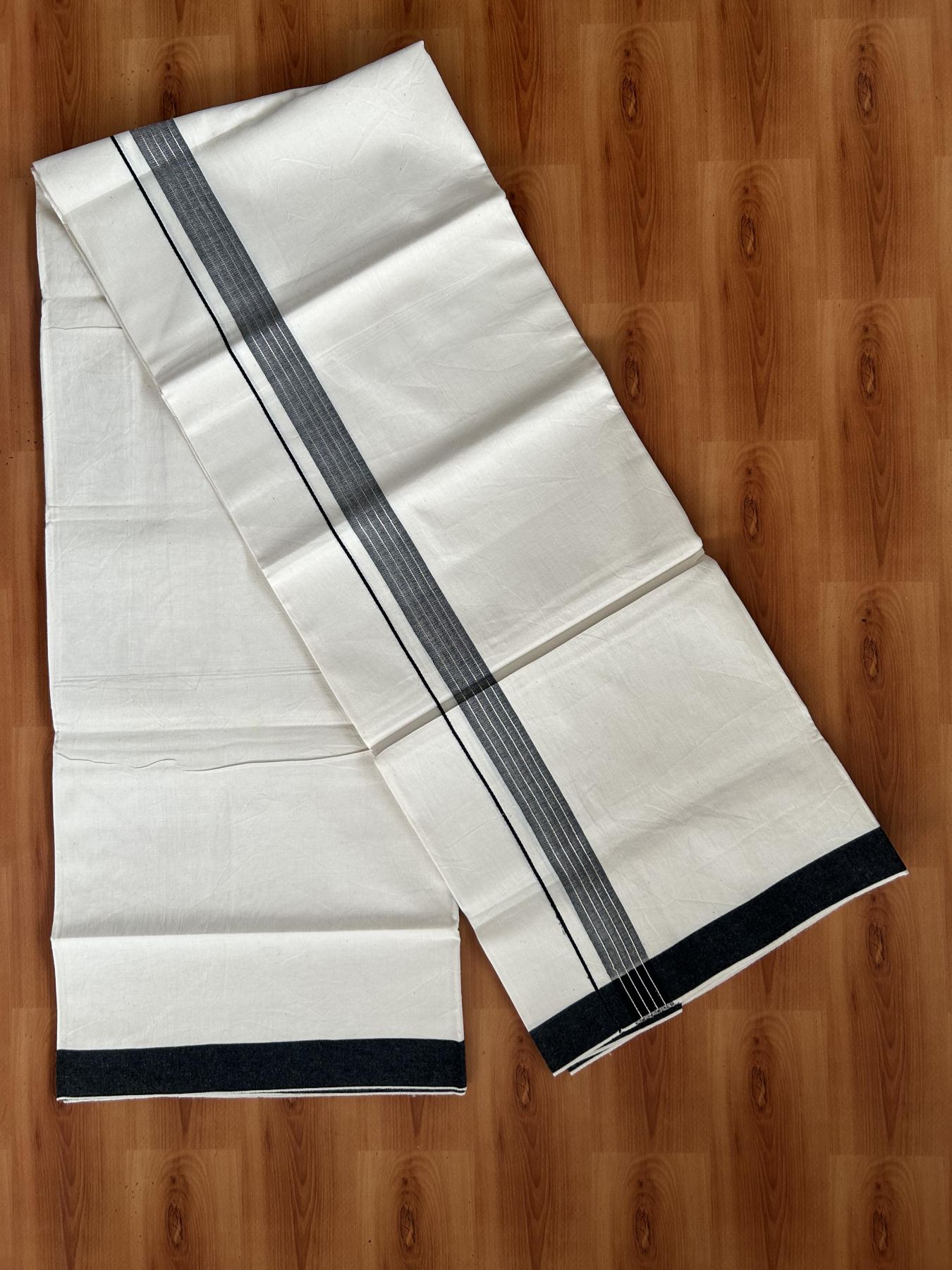 Single Mundu/Dhoti - Off White (Unbleached) 29% Discount !! KaithariKada Balaramapuram 100% Cotton Twisted 60s Thread - 1 Inch Silver Kasav & Black Shaded Striped Kara (2 meter /4 muzham) - 14 KK5393 GL
