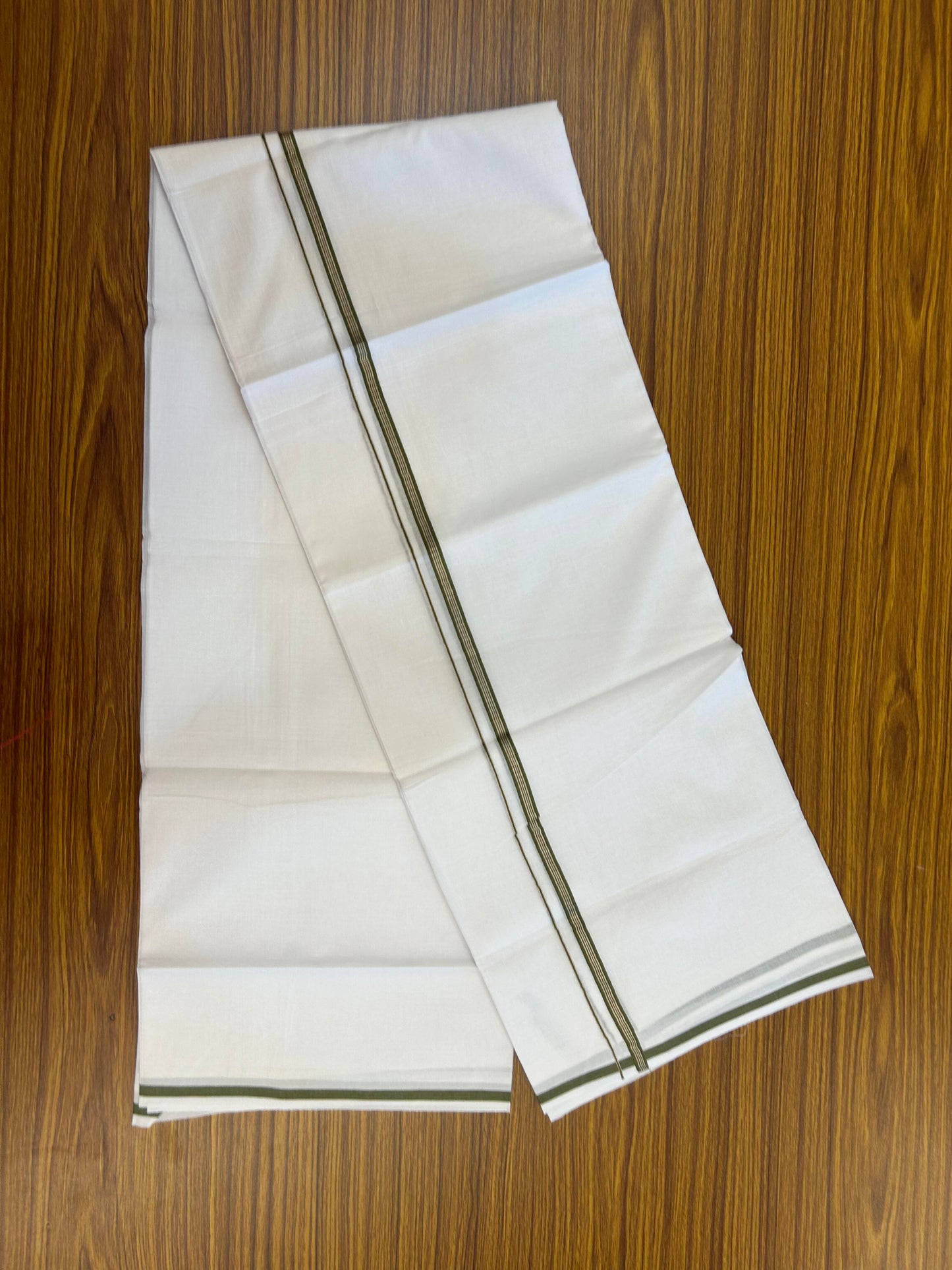 20% Discount! KaithariKada Balaramapuram 100% Cotton Double Pure white Mundu/Dhoti- 100X80 - 1 cm Olive Green & Silver Kasav Stripes Kara - Between3.80-3.95m (8 muzham) - 12 KK5355 CKS