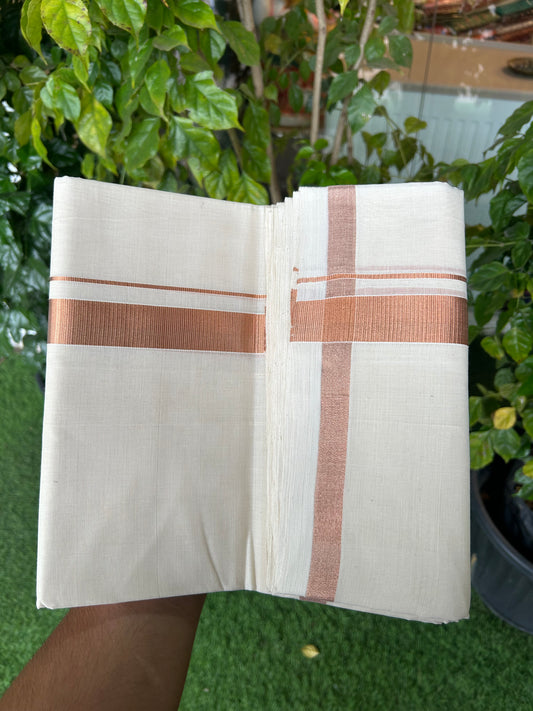 25% Discount ! KaithariKada Handloom Millpaav Balaramapuram - 100% Pure Cotton Off White (Unbleached) Double Mundu/Dothi - 80x90 - 1.5 inch Copper Kasav Kara 4 Mtr (8.5 Muzham) - 25 KK5328 RAM