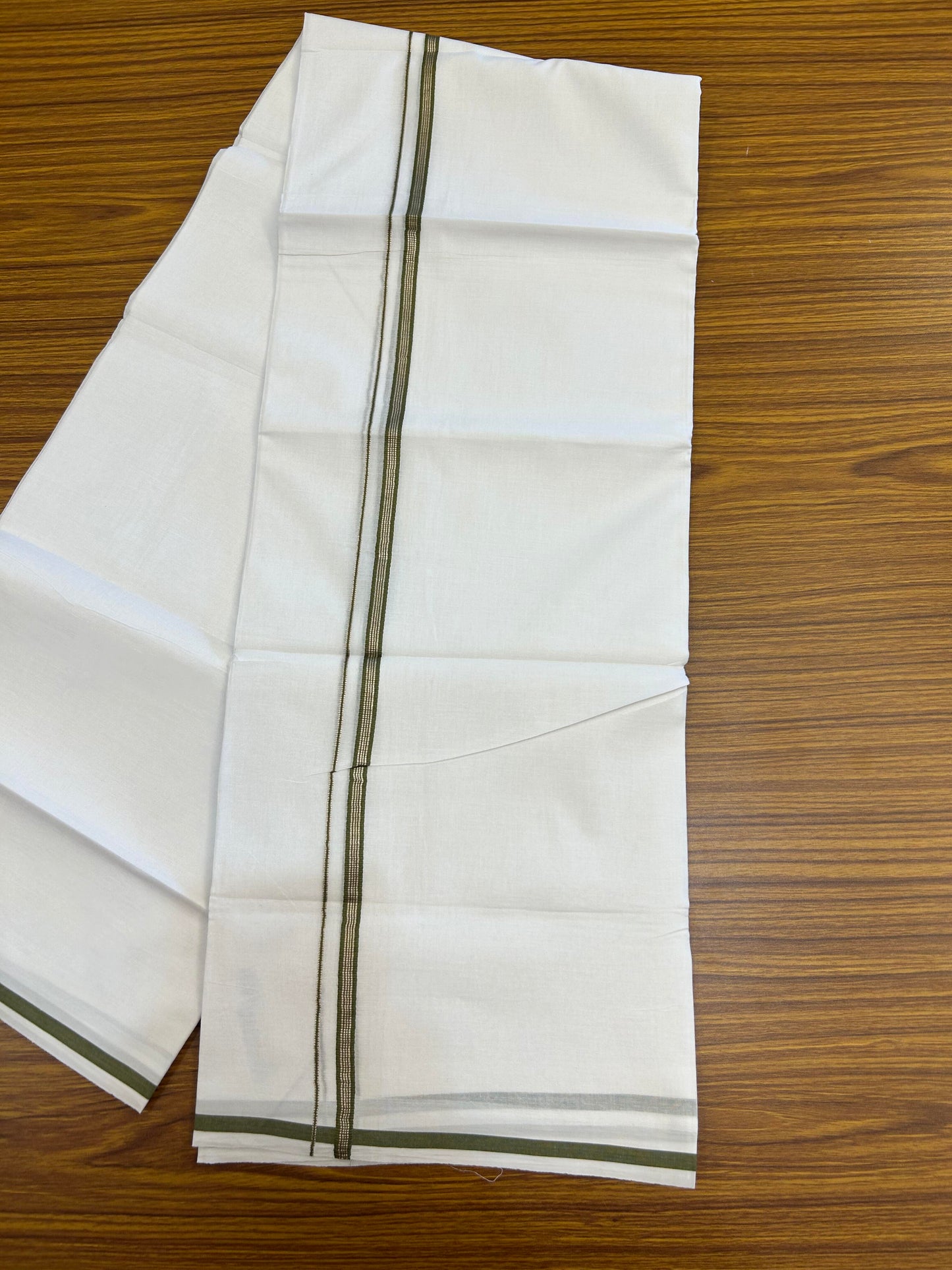 20% Discount! KaithariKada Balaramapuram 100% Cotton Double Pure white Mundu/Dhoti- 100X80 - 1 cm Olive Green & Silver Kasav Stripes Kara - Between3.80-3.95m (8 muzham) - 12 KK5355 CKS