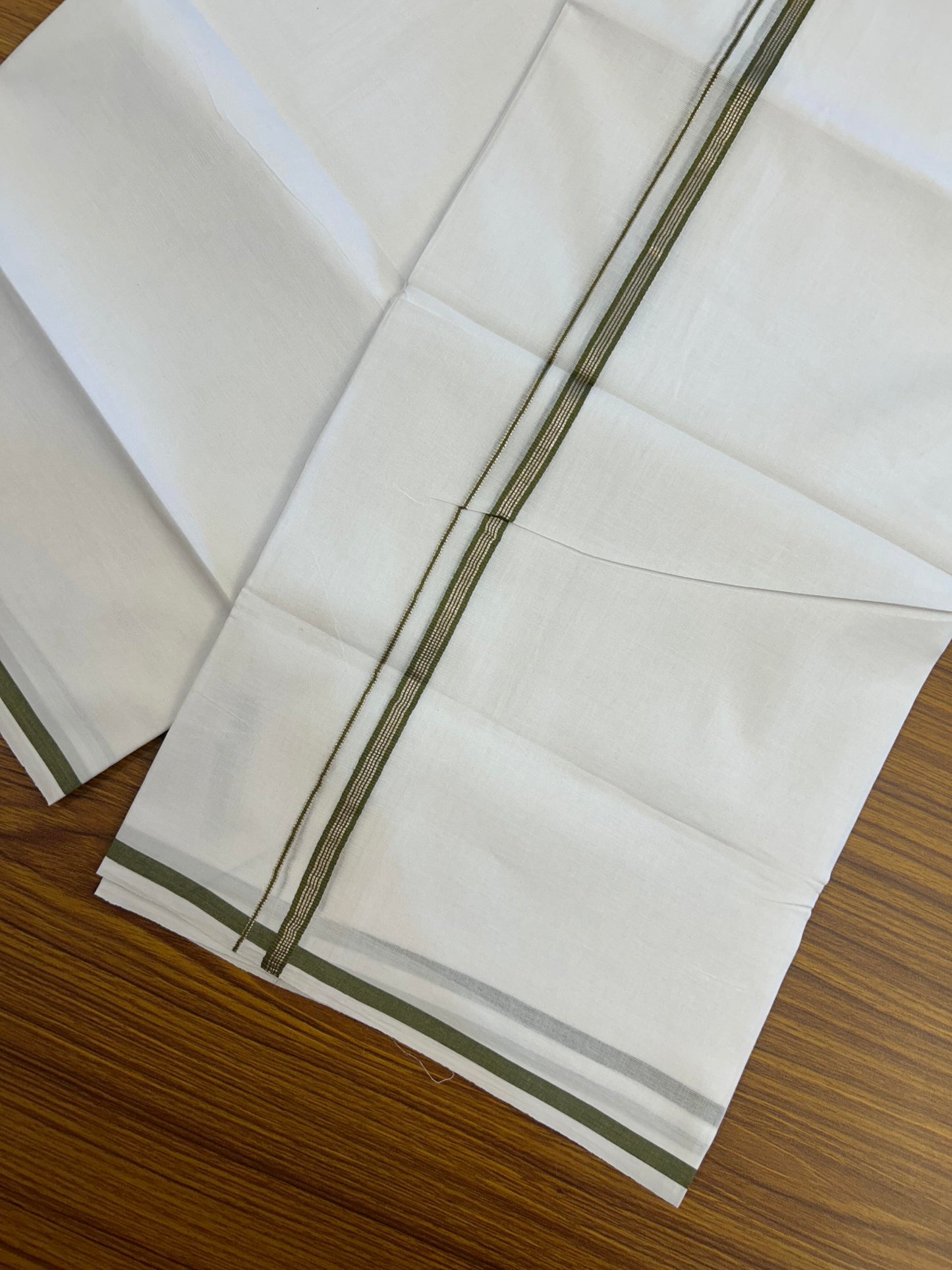 20% Discount! KaithariKada Balaramapuram 100% Cotton Double Pure white Mundu/Dhoti- 100X80 - 1 cm Olive Green & Silver Kasav Stripes Kara - Between3.80-3.95m (8 muzham) - 12 KK5355 CKS