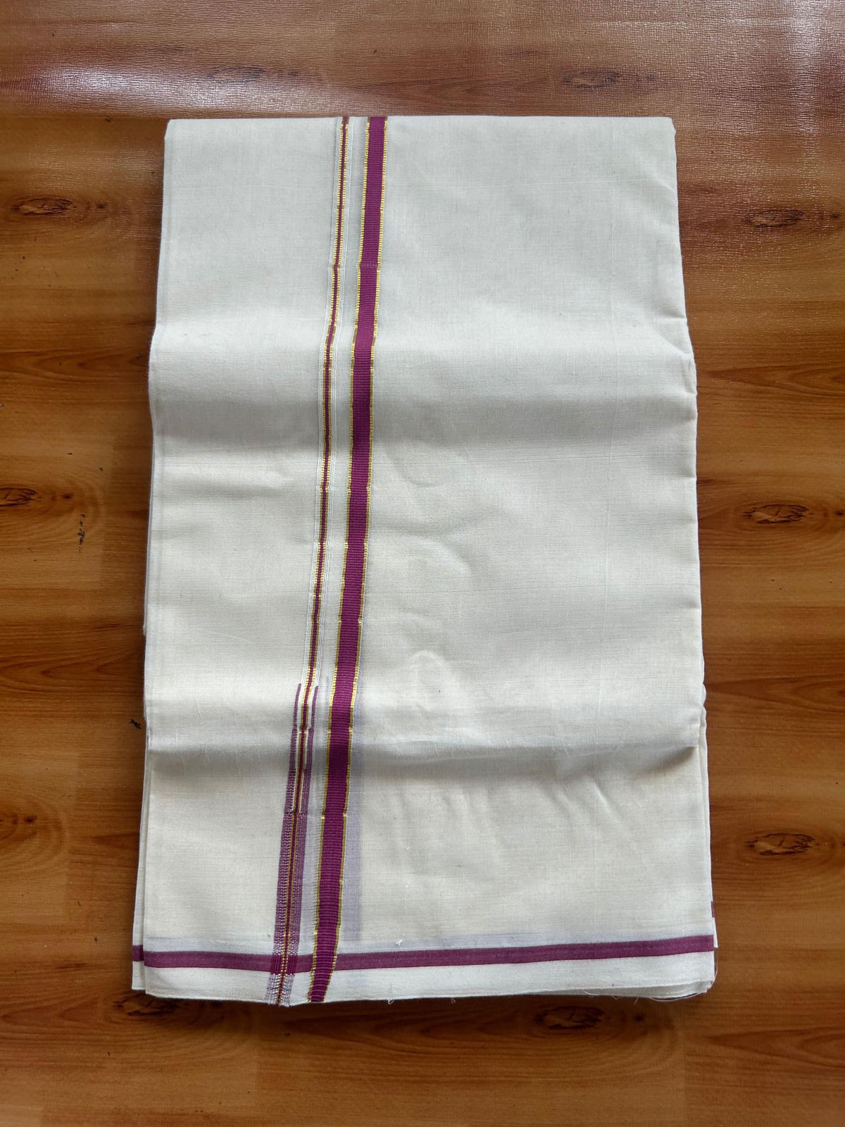 Double Off White (Unbleached) Mundu/Dhoti - 20% Discount!! KaithariKada Pulimood 100% Cotton 100x100 - 1 cm Puliyilakkara Gold Kasav & Magenta Chutty Kara - 3.75 mtr (8 muzham) - 17 KK5546 ASH