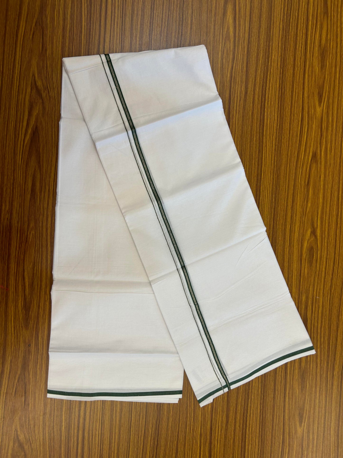 20% Discount! KaithariKada Balaramapuram 100% Cotton Double Pure white Mundu/Dhoti- 100X80 - 1 cm Dark Green & Silver Kasav Stripes Kara - Between3.80-3.95m (8 muzham) - 10 KK5355 CKS