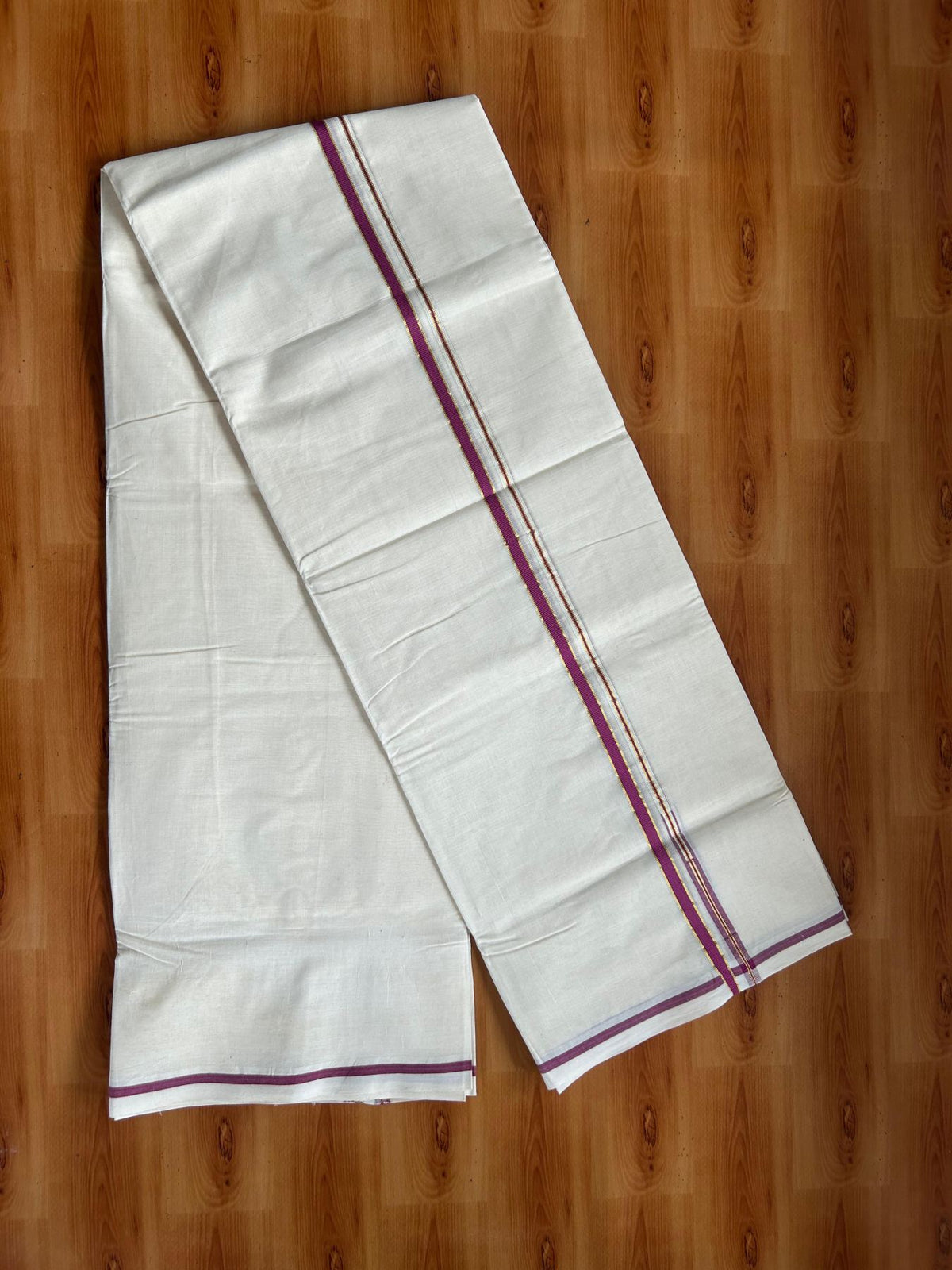 Double Off White (Unbleached) Mundu/Dhoti - 20% Discount!! KaithariKada Pulimood 100% Cotton 100x100 - 1 cm Puliyilakkara Gold Kasav & Magenta Chutty Kara - 3.75 mtr (8 muzham) - 17 KK5546 ASH
