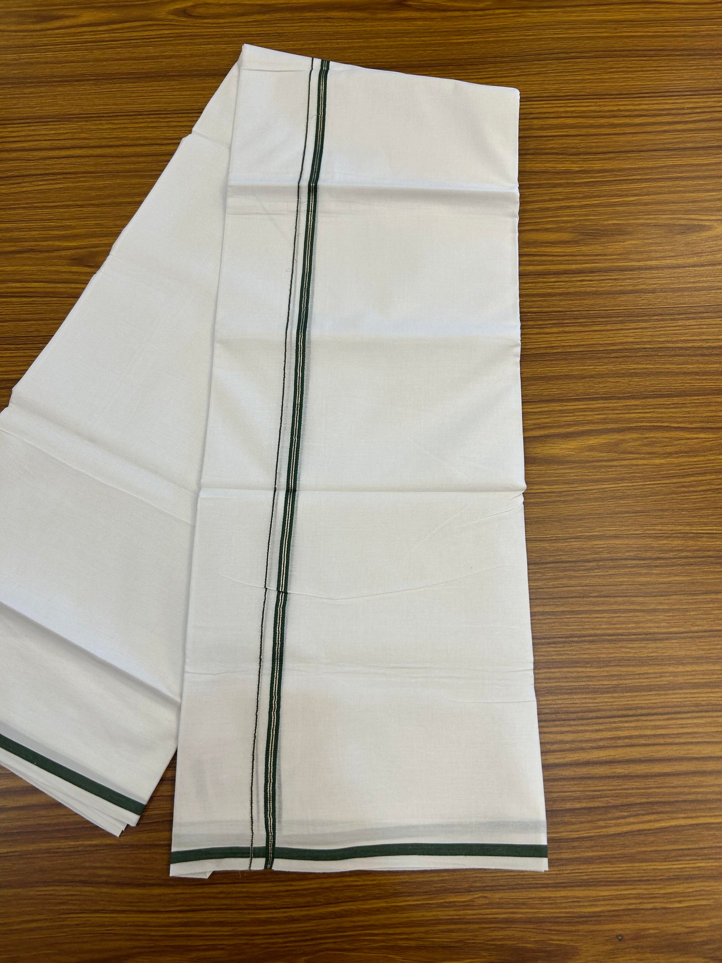 20% Discount! KaithariKada Balaramapuram 100% Cotton Double Pure white Mundu/Dhoti- 100X80 - 1 cm Dark Green & Silver Kasav Stripes Kara - Between3.80-3.95m (8 muzham) - 10 KK5355 CKS