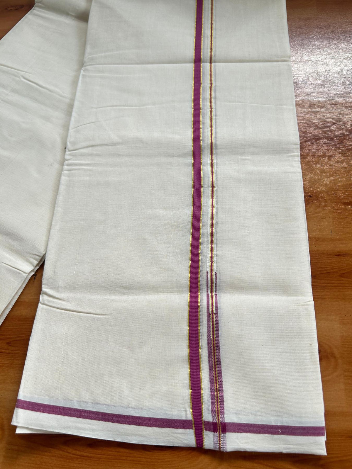 Double Off White (Unbleached) Mundu/Dhoti - 20% Discount!! KaithariKada Pulimood 100% Cotton 100x100 - 1 cm Puliyilakkara Gold Kasav & Magenta Chutty Kara - 3.75 mtr (8 muzham) - 17 KK5546 ASH