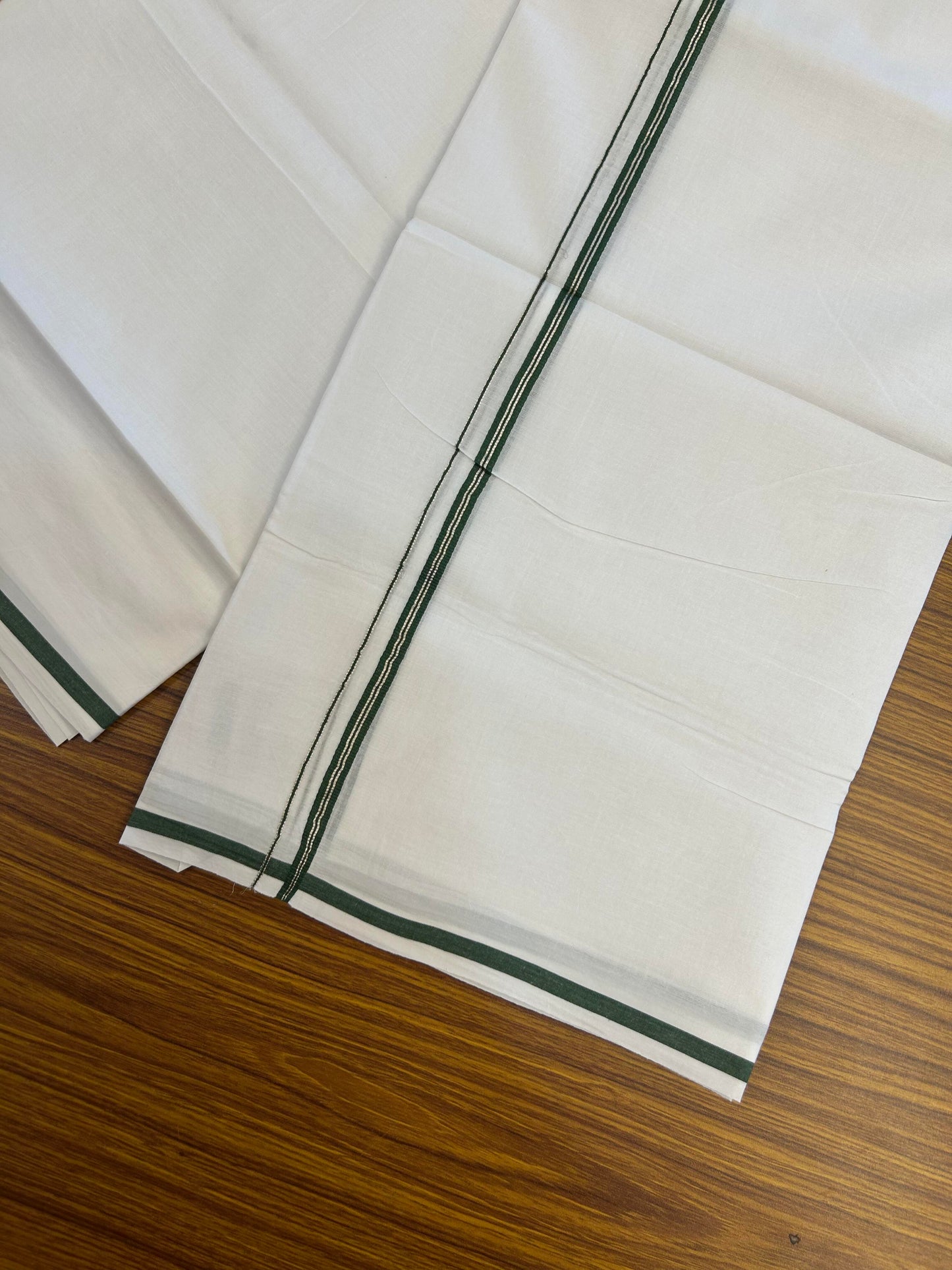 20% Discount! KaithariKada Balaramapuram 100% Cotton Double Pure white Mundu/Dhoti- 100X80 - 1 cm Dark Green & Silver Kasav Stripes Kara - Between3.80-3.95m (8 muzham) - 10 KK5355 CKS