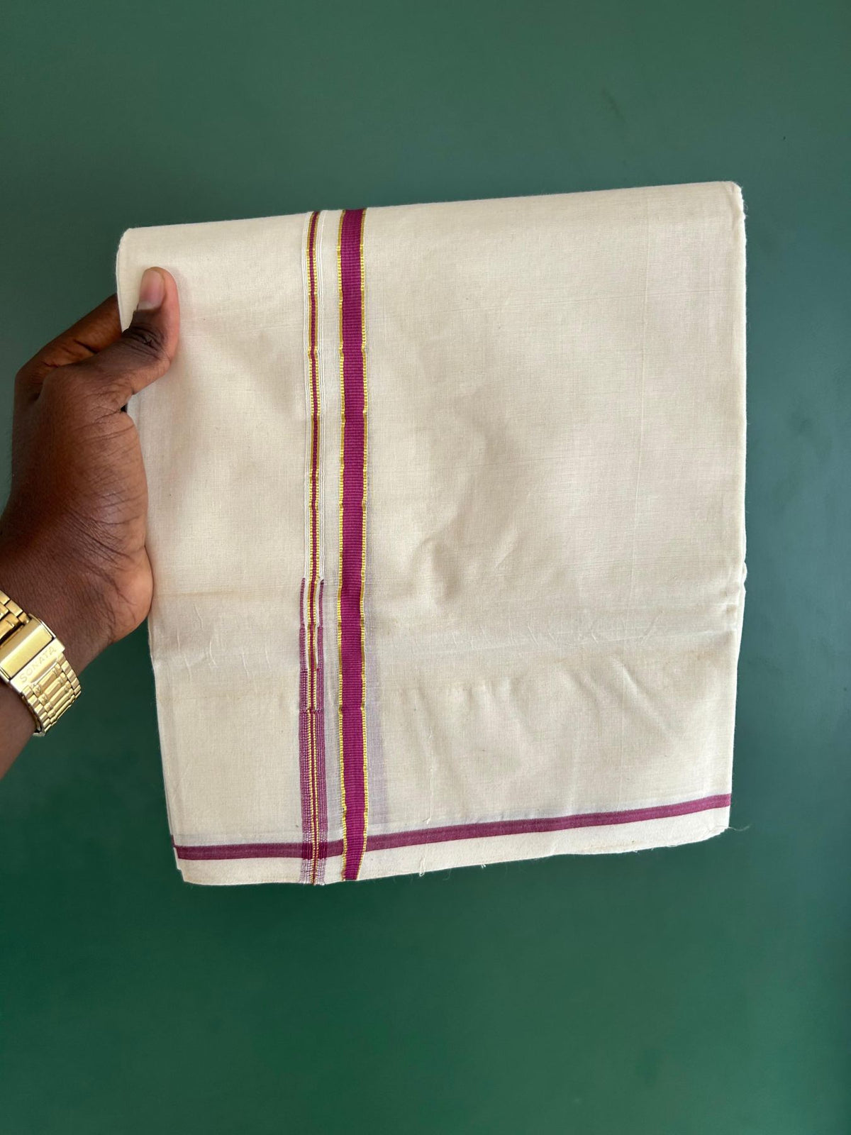 Double Off White (Unbleached) Mundu/Dhoti - 20% Discount!! KaithariKada Pulimood 100% Cotton 100x100 - 1 cm Puliyilakkara Gold Kasav & Magenta Chutty Kara - 3.75 mtr (8 muzham) - 17 KK5546 ASH