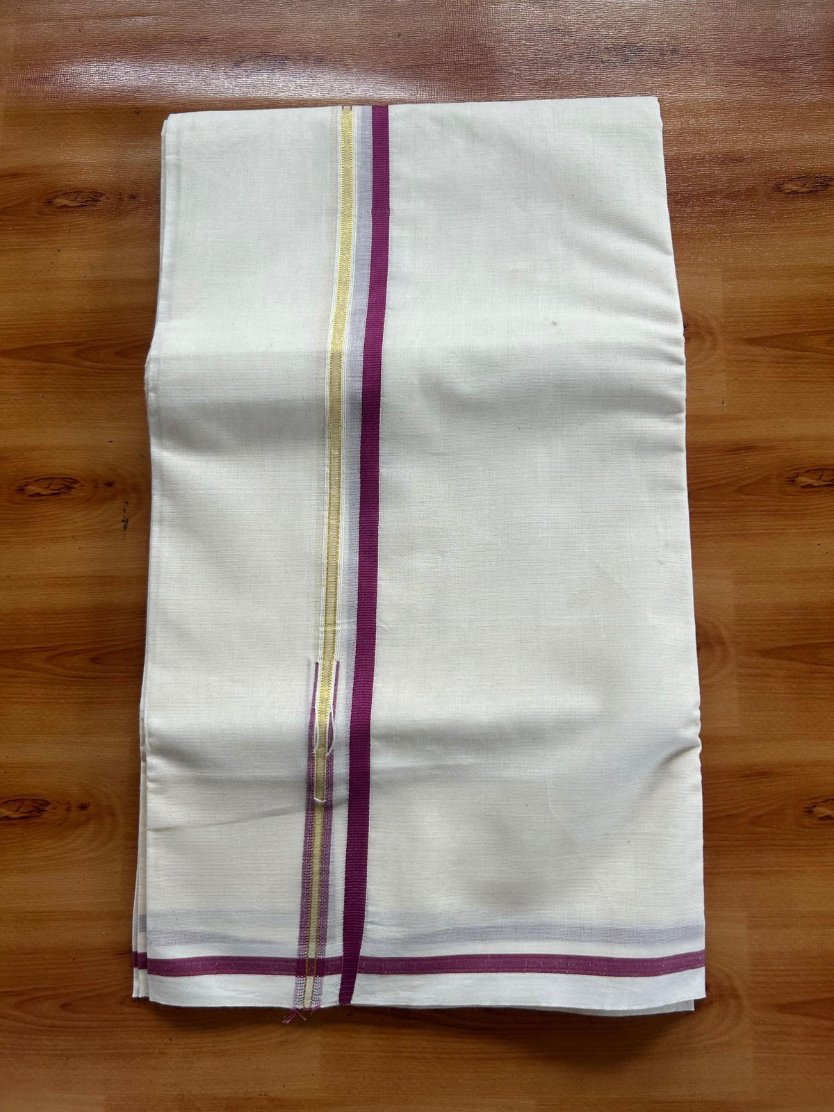 Double Off White (Unbleached) Mundu/Dhoti - 20% Discount!! KaithariKada Pulimood 100% Cotton 100x100 - 1 cm Puliyilakkara Gold Kasav & Magenta Chutty Kara - 3.75 mtr (8 muzham) - 16 KK5546 ASH