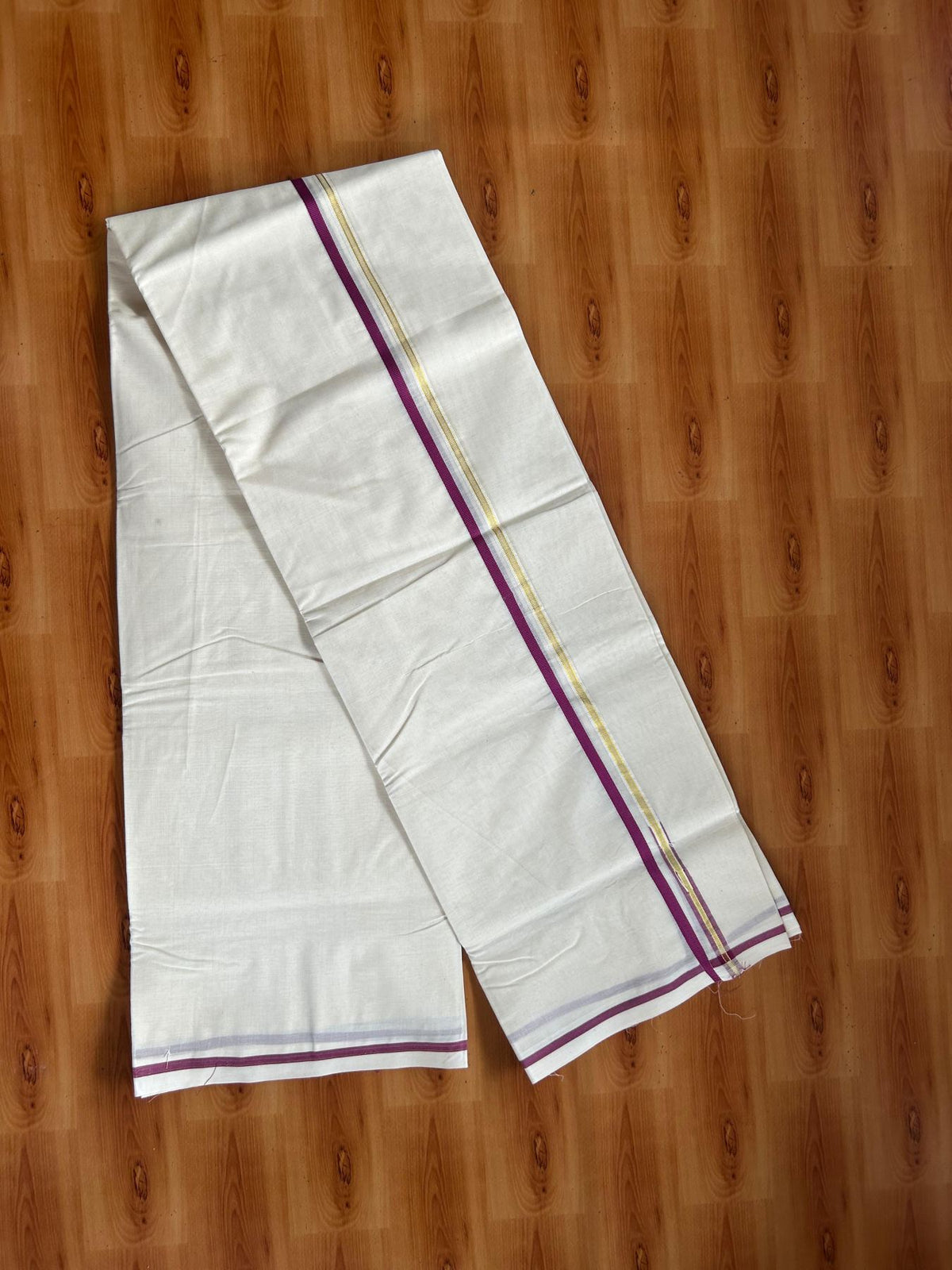 Double Off White (Unbleached) Mundu/Dhoti - 20% Discount!! KaithariKada Pulimood 100% Cotton 100x100 - 1 cm Puliyilakkara Gold Kasav & Magenta Chutty Kara - 3.75 mtr (8 muzham) - 16 KK5546 ASH