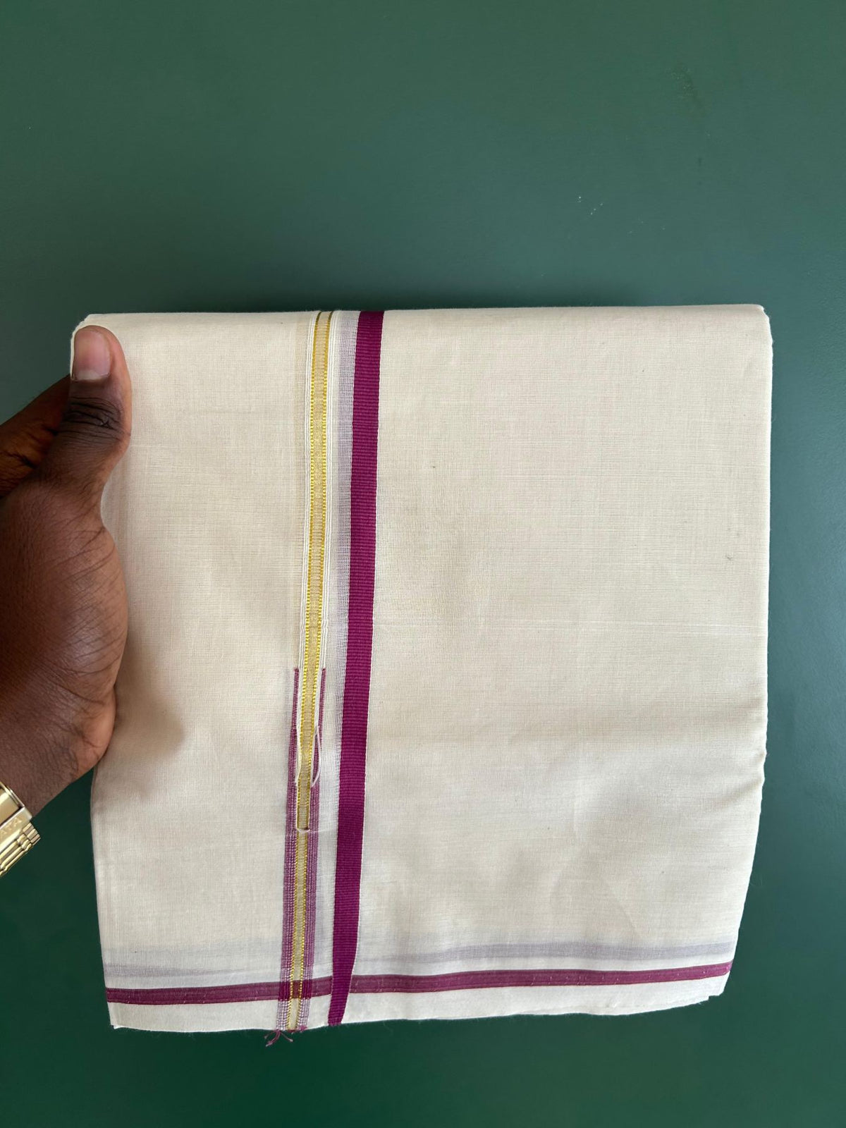 Double Off White (Unbleached) Mundu/Dhoti - 20% Discount!! KaithariKada Pulimood 100% Cotton 100x100 - 1 cm Puliyilakkara Gold Kasav & Magenta Chutty Kara - 3.75 mtr (8 muzham) - 16 KK5546 ASH