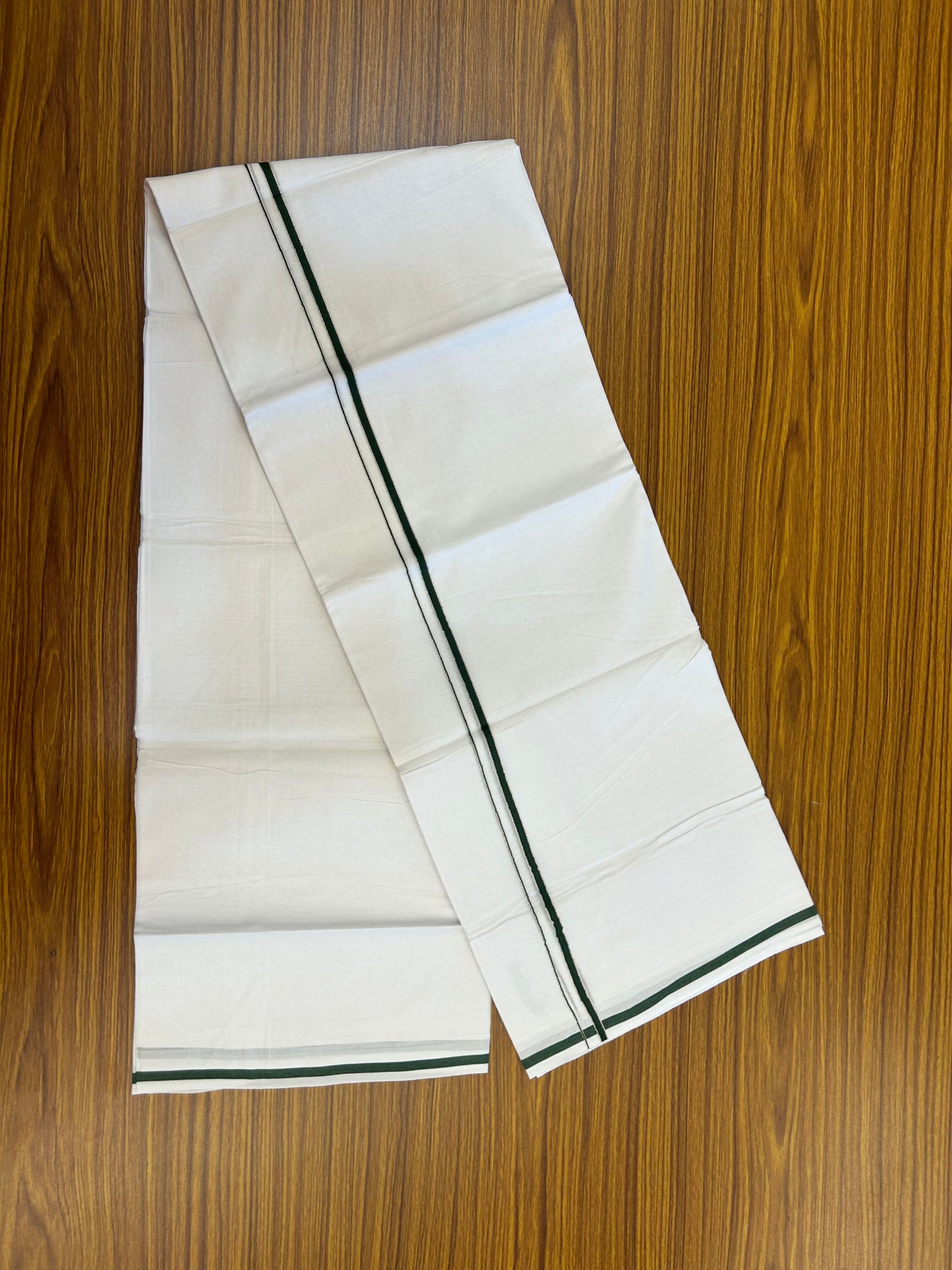 20% Discount! KaithariKada Balaramapuram 100% Cotton Double Pure white Mundu/Dhoti- 100X80 - 1 cm Dark Green & Silver Kasav Kara - Between3.80-3.95m (8 muzham) - 14 KK5355 CKS