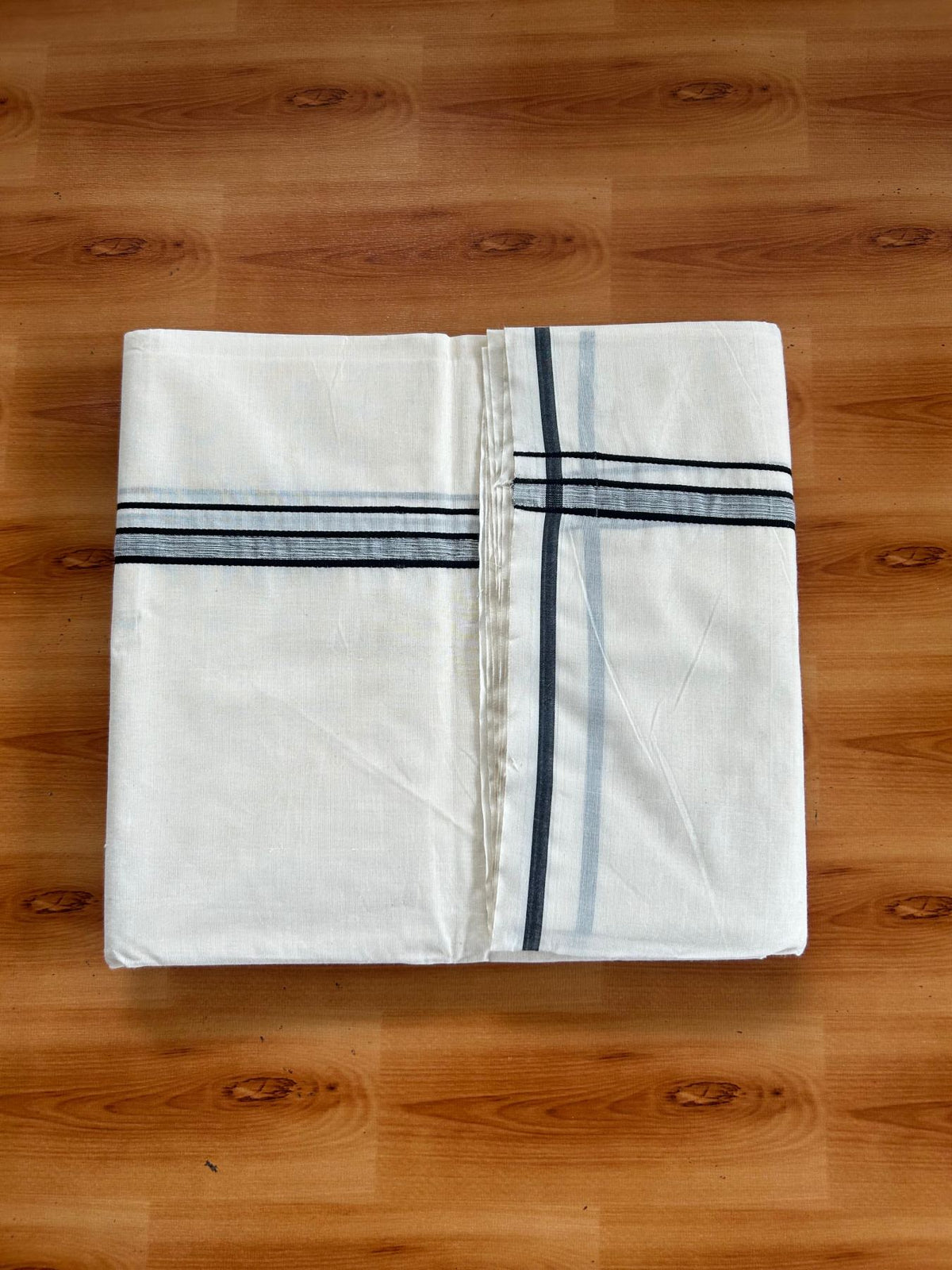 Double Off White (Unbleached) Mundu/Dhoti - 20% Discount! Kaitharikada Pulimood 100% Pure Cotton - 100x100 - 0.5 inch Black shaded Kara 4 mtr (8.5 muzham) - 22 KK5546 ASH