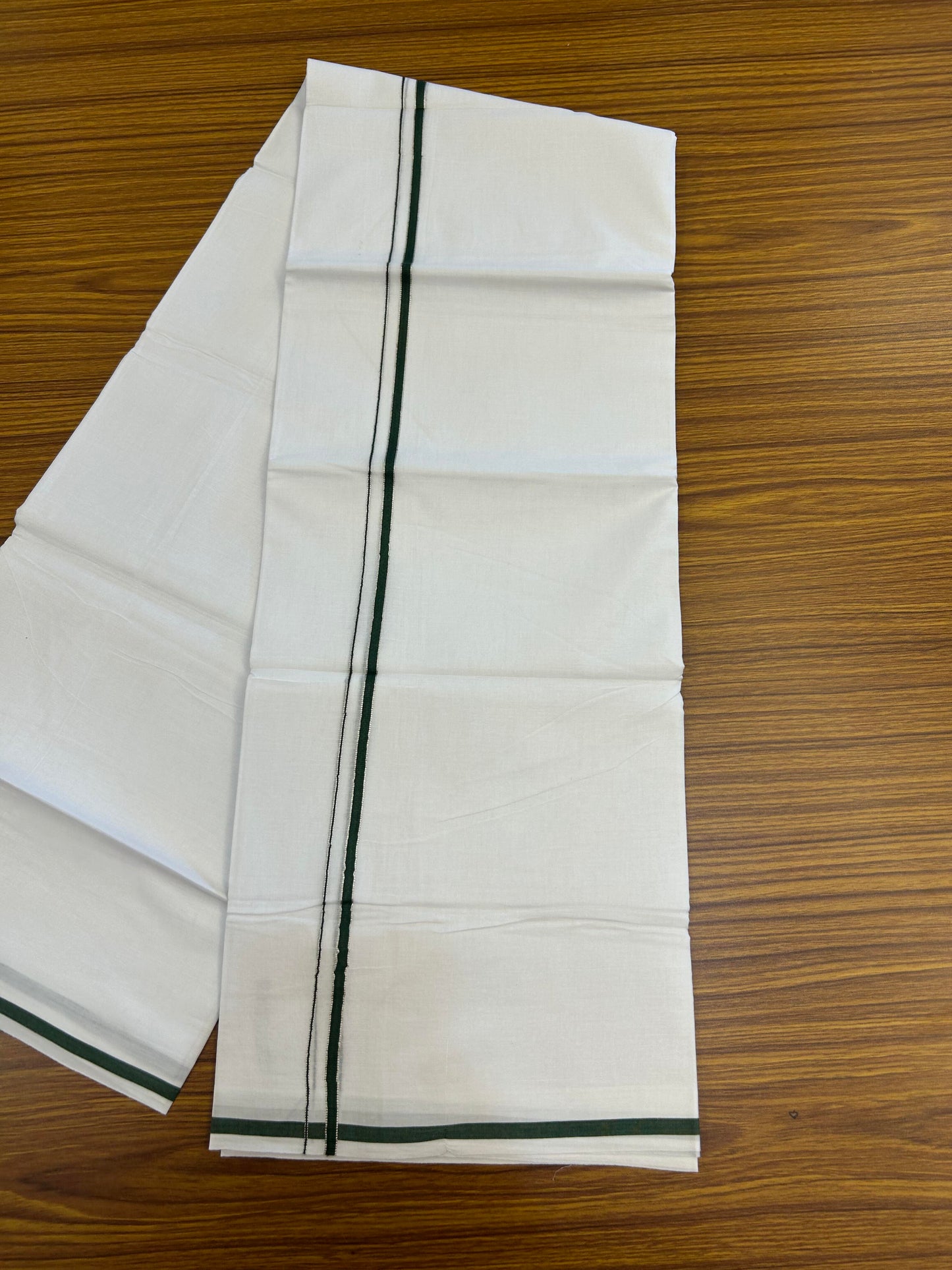 20% Discount! KaithariKada Balaramapuram 100% Cotton Double Pure white Mundu/Dhoti- 100X80 - 1 cm Dark Green & Silver Kasav Kara - Between3.80-3.95m (8 muzham) - 14 KK5355 CKS