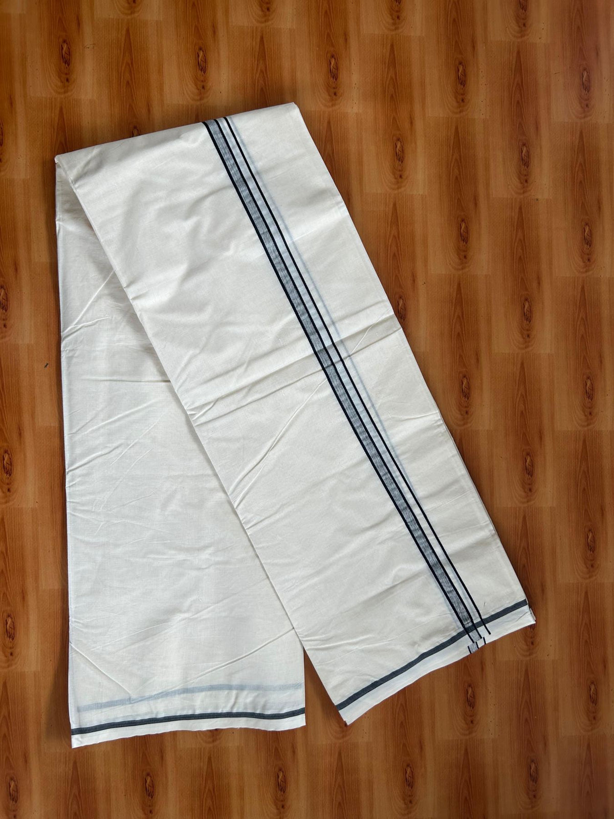 Double Off White (Unbleached) Mundu/Dhoti - 20% Discount! Kaitharikada Pulimood 100% Pure Cotton - 100x100 - 0.5 inch Black shaded Kara 4 mtr (8.5 muzham) - 22 KK5546 ASH