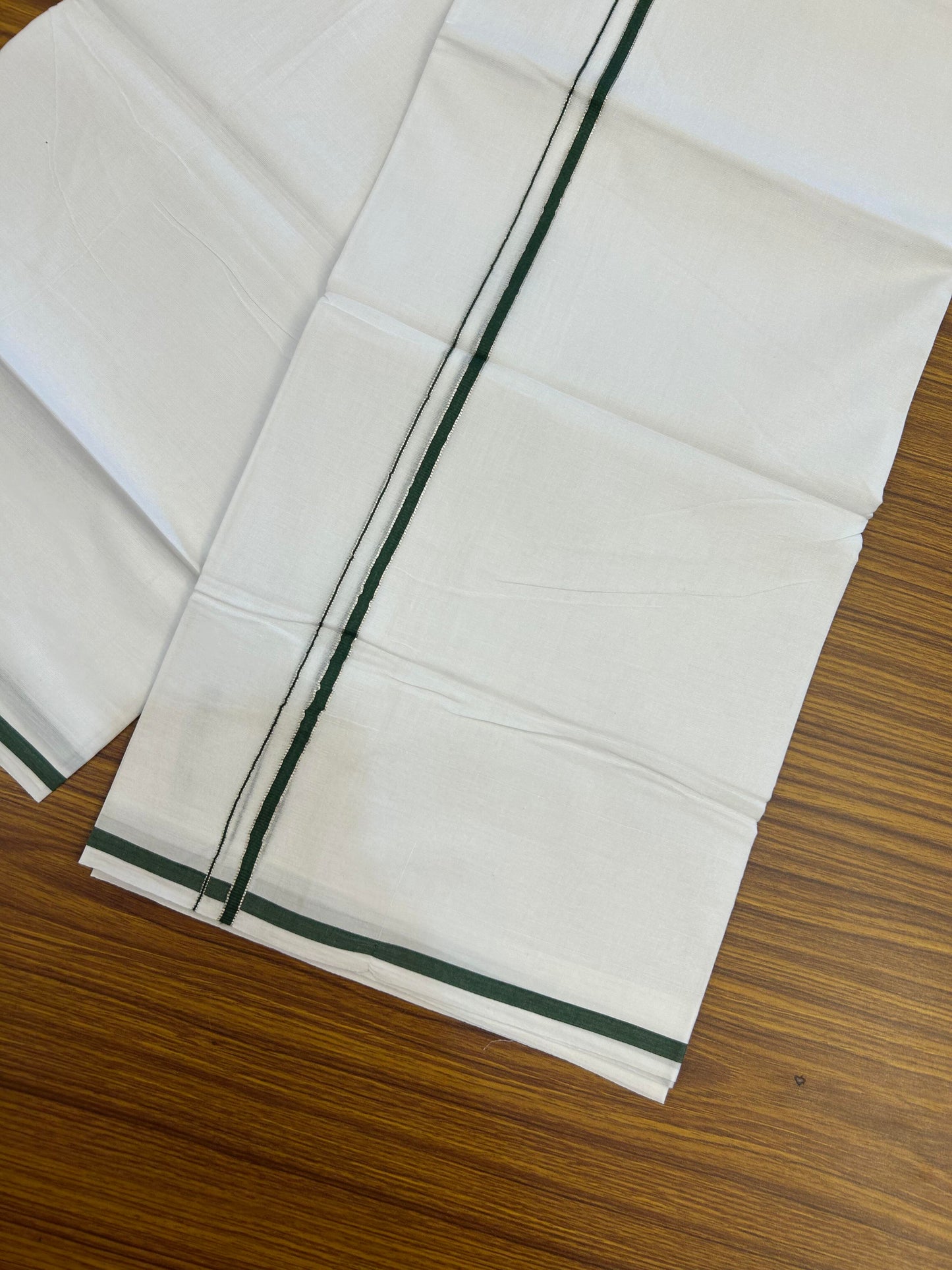 20% Discount! KaithariKada Balaramapuram 100% Cotton Double Pure white Mundu/Dhoti- 100X80 - 1 cm Dark Green & Silver Kasav Kara - Between3.80-3.95m (8 muzham) - 14 KK5355 CKS