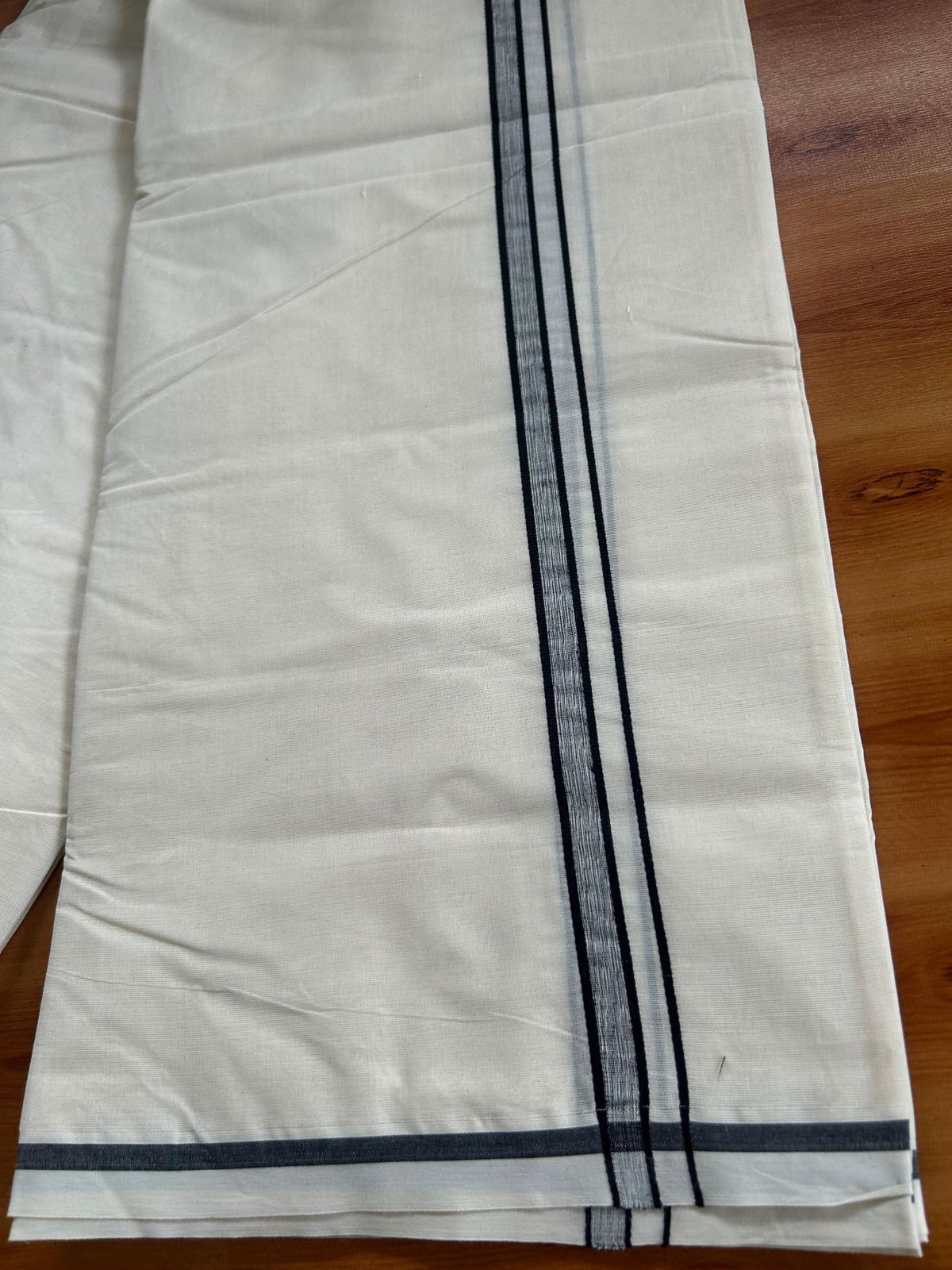 Double Off White (Unbleached) Mundu/Dhoti - 20% Discount! Kaitharikada Pulimood 100% Pure Cotton - 100x100 - 0.5 inch Black shaded Kara 4 mtr (8.5 muzham) - 22 KK5546 ASH