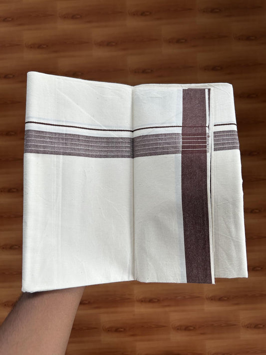 Single Mundu/Dhoti - Off White (Unbleached) 29% Discount !! KaithariKada Balaramapuram 100% Cotton Twisted 60s Thread - 1 Inch Silver Kasav & Chocolate Brown Shaded Striped Kara (2 meter /4 muzham) - 15 KK5393 GL
