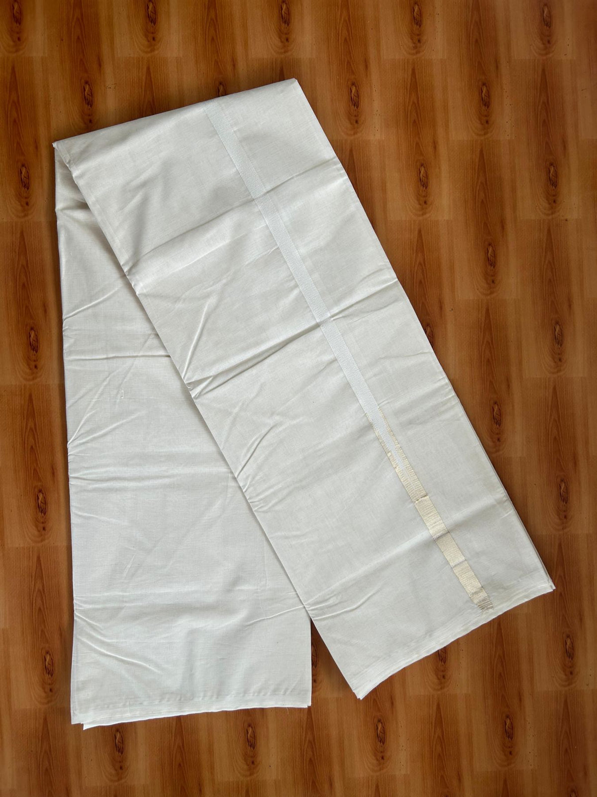 Double Off White (Unbleached) Mundu/Dhoti - 20% Discount!! KaithariKada Pulimood 100% Cotton 100x100 - 0.75 inch Puliyilakkara Gold kasav Chutty Kara - 4 mtr (8.5 muzham) - 21 KK5546 ASH