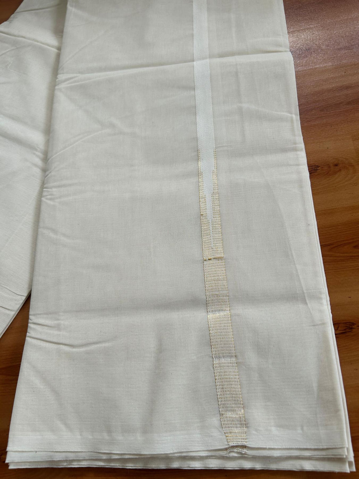 Double Off White (Unbleached) Mundu/Dhoti - 20% Discount!! KaithariKada Pulimood 100% Cotton 100x100 - 0.75 inch Puliyilakkara Gold kasav Chutty Kara - 4 mtr (8.5 muzham) - 21 KK5546 ASH