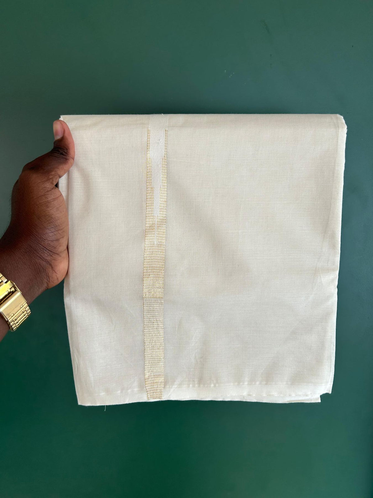 Double Off White (Unbleached) Mundu/Dhoti - 20% Discount!! KaithariKada Pulimood 100% Cotton 100x100 - 0.75 inch Puliyilakkara Gold kasav Chutty Kara - 4 mtr (8.5 muzham) - 21 KK5546 ASH