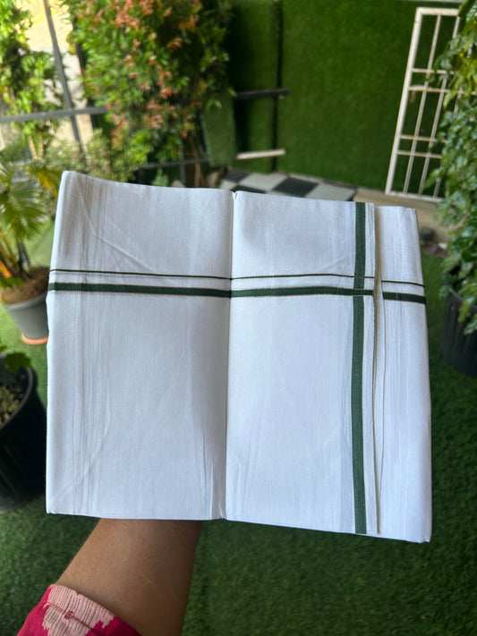 20% Discount! KaithariKada Balaramapuram 100% Cotton Double Pure white Mundu/Dhoti- 100X80 - 1 cm Dark Green & Silver Kasav Kara - Between3.80-3.95m (8 muzham) - 14 KK5355 CKS