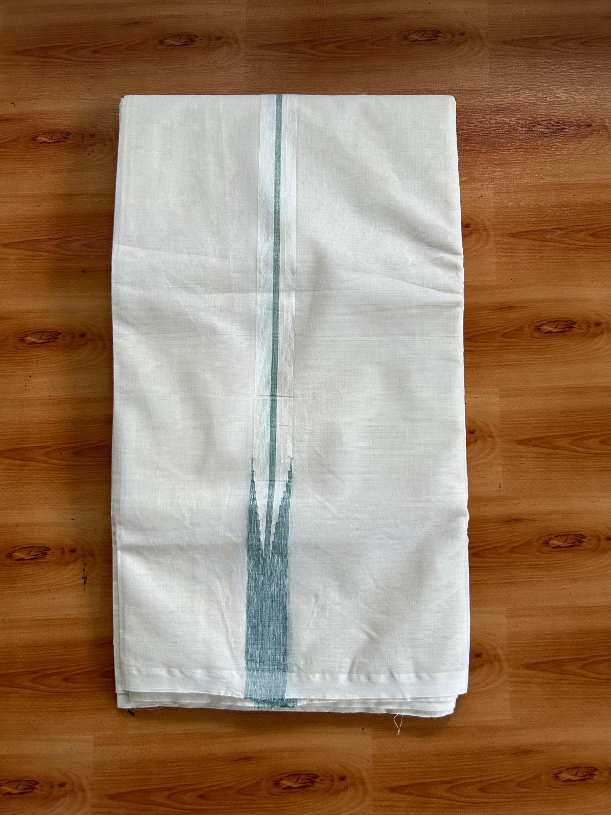 Double Off White (Unbleached) Mundu/Dhoti - 20% Discount!! KaithariKada Pulimood 100% Cotton 100x100 - 1 inch Puliyilakkara Silver Kasav & Teel Green Striped Chutty Kara - 3.75 mtr (8 muzham) - 10 KK5546 ASH