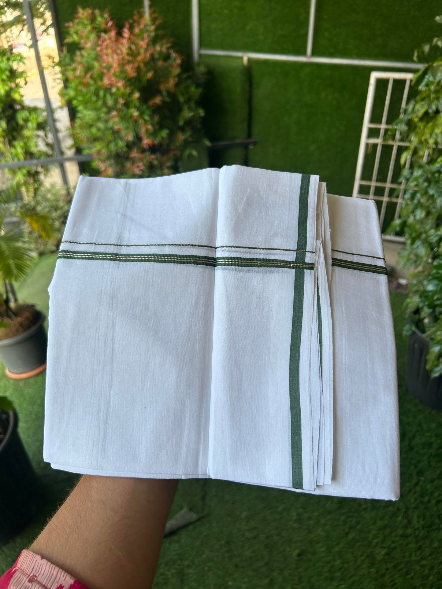 20% Discount! KaithariKada Balaramapuram 100% Cotton Double Pure white Mundu/Dhoti- 100X80 - 1 cm Dark Green & Silver Kasav Stripes Kara - Between3.80-3.95m (8 muzham) - 10 KK5355 CKS