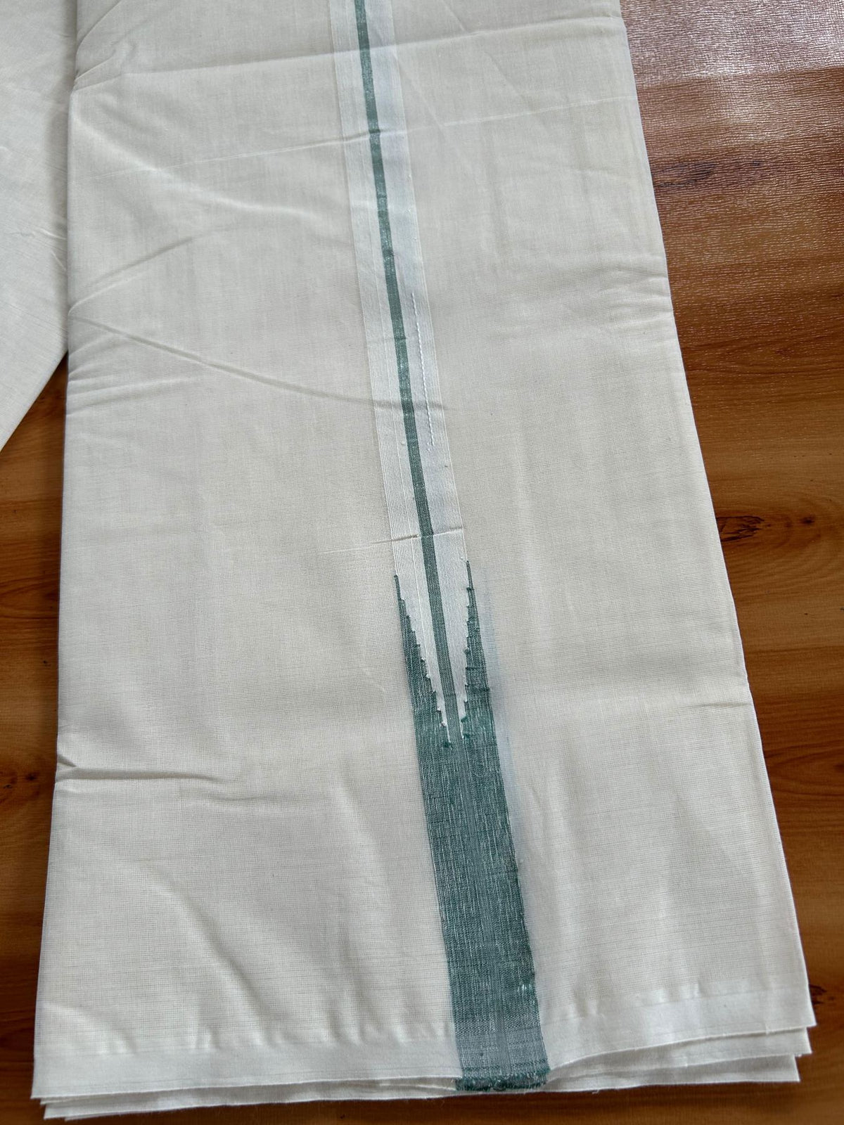 Double Off White (Unbleached) Mundu/Dhoti - 20% Discount!! KaithariKada Pulimood 100% Cotton 100x100 - 1 inch Puliyilakkara Silver Kasav & Teel Green Striped Chutty Kara - 3.75 mtr (8 muzham) - 10 KK5546 ASH