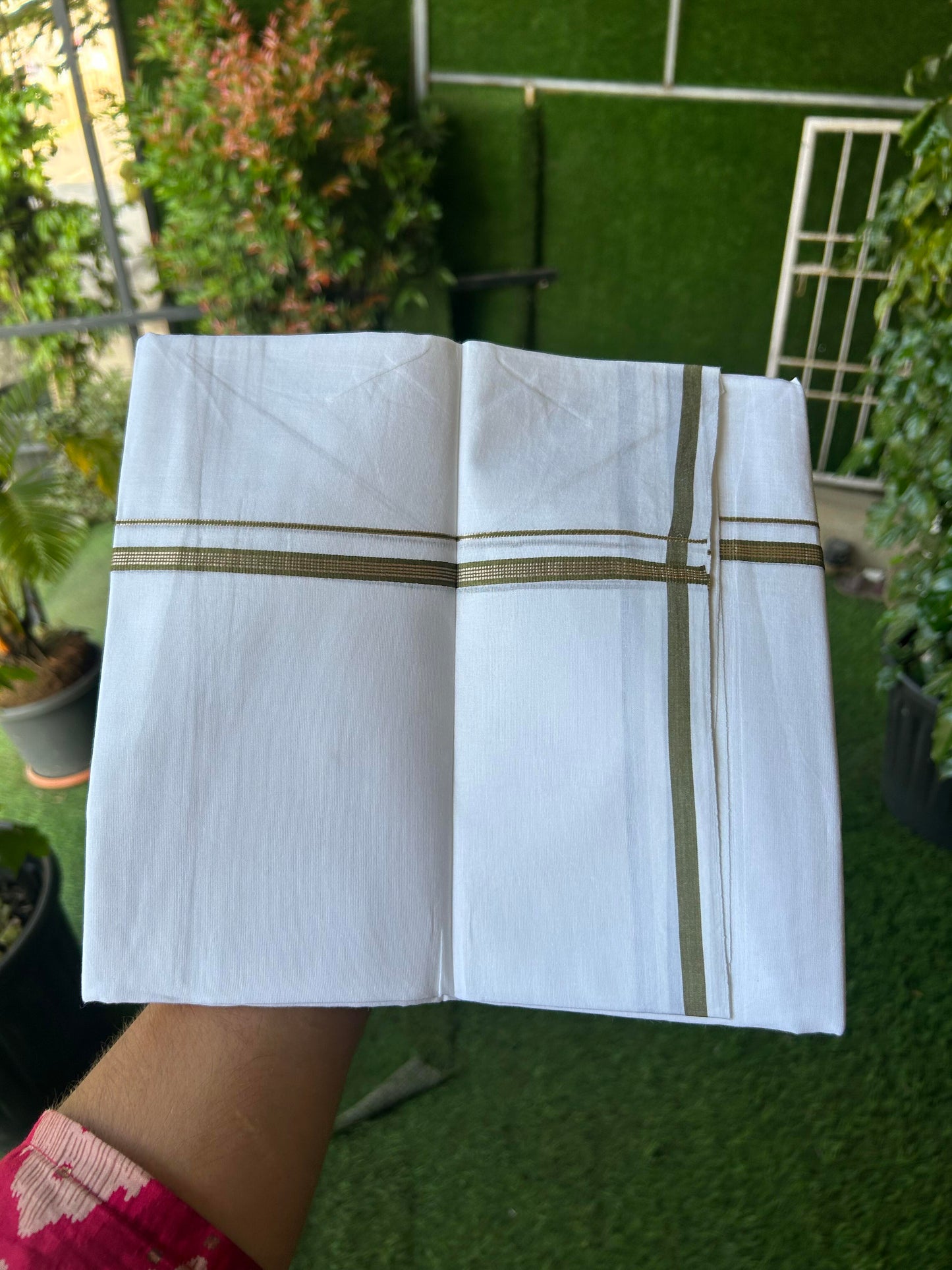 20% Discount! KaithariKada Balaramapuram 100% Cotton Double Pure white Mundu/Dhoti- 100X80 - 1 cm Olive Green & Silver Kasav Stripes Kara - Between3.80-3.95m (8 muzham) - 12 KK5355 CKS
