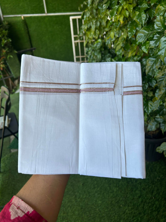 20% Discount! KaithariKada Balaramapuram 100% Cotton Double Pure white Mundu/Dhoti- 100X80 - 1 cm Light Maroon & Silver Kasav shaded Kara - Between3.80-3.95m (8 muzham) - 18 KK5355 CKS