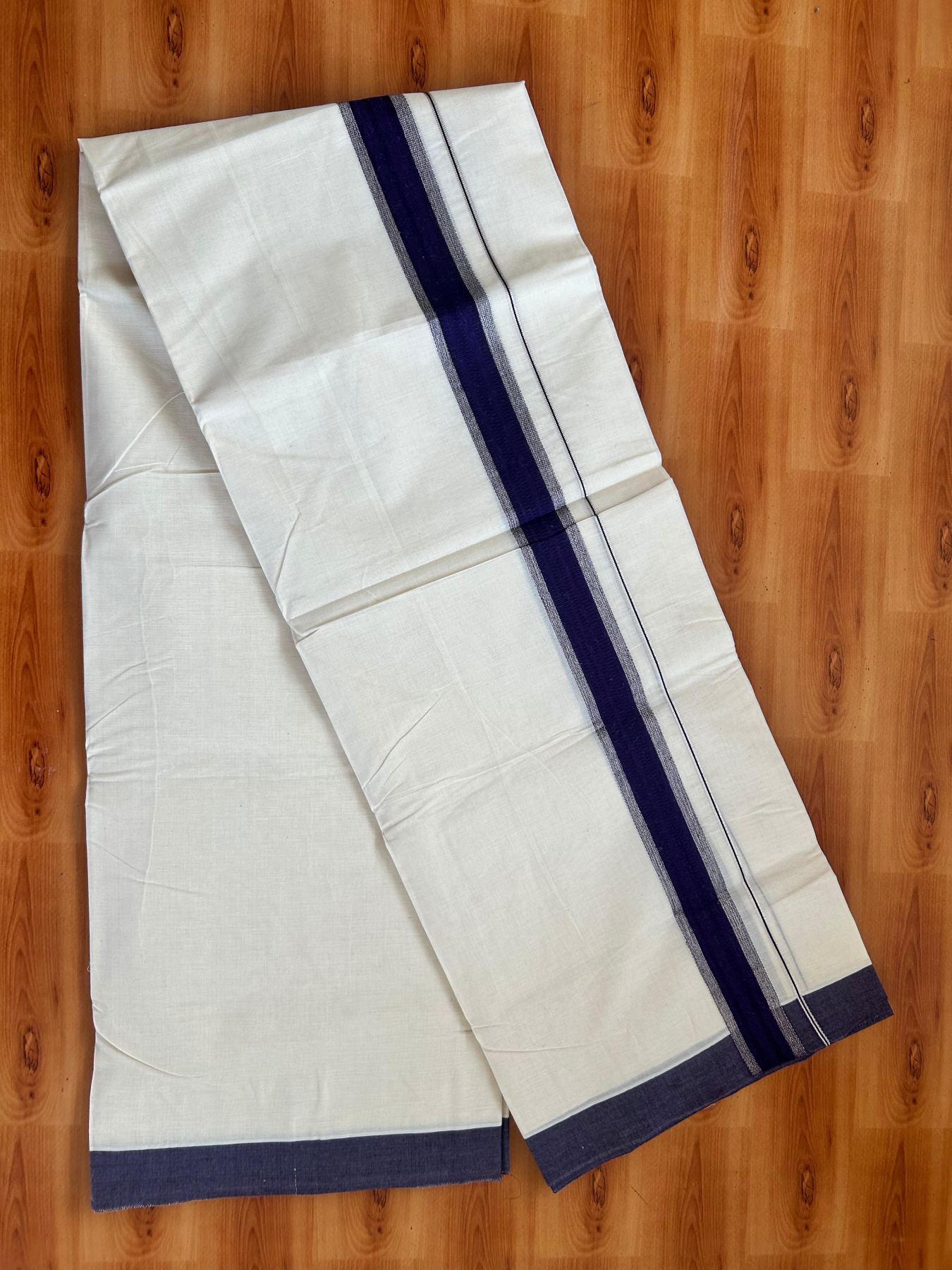 Double Off White (Unbleached) Mundu/Dhoti - 20% Discount! Kaitharikada Pure Cotton - 80x80 - 1.5 Inch Silver Kasav & Dark Purple Kara 4 mtr (8.5 muzham) - 2 KK5478 MRH