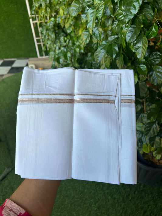 20% Discount! KaithariKada Balaramapuram 100% Cotton Double Pure white Mundu/Dhoti- 100X80 - 1 cm Brown & Silver Kasav shaded Kara - Between3.80-3.95m (8 muzham) - 20 KK5355 CKS
