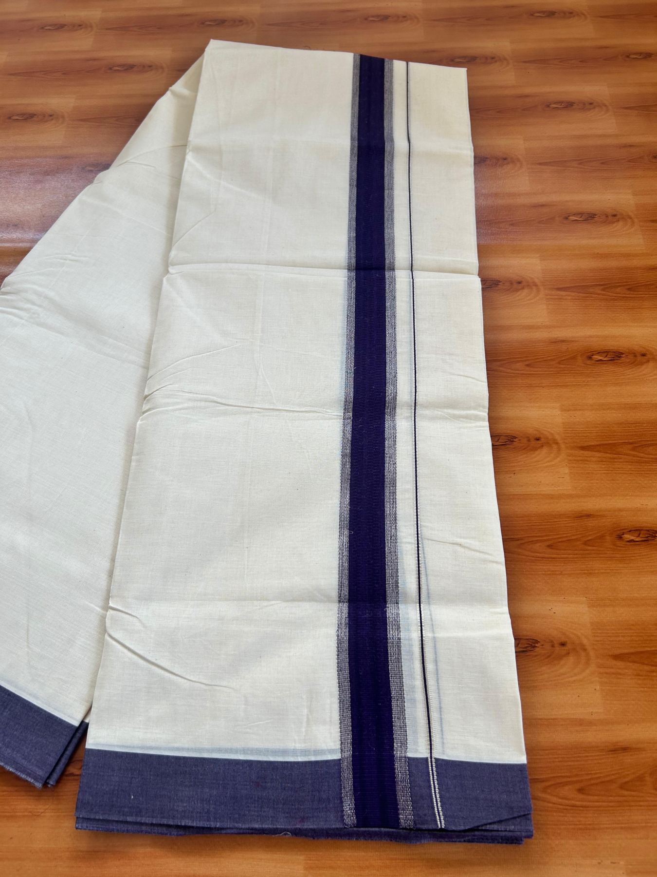 Double Off White (Unbleached) Mundu/Dhoti - 20% Discount! Kaitharikada Pure Cotton - 80x80 - 1.5 Inch Silver Kasav & Dark Purple Kara 4 mtr (8.5 muzham) - 2 KK5478 MRH