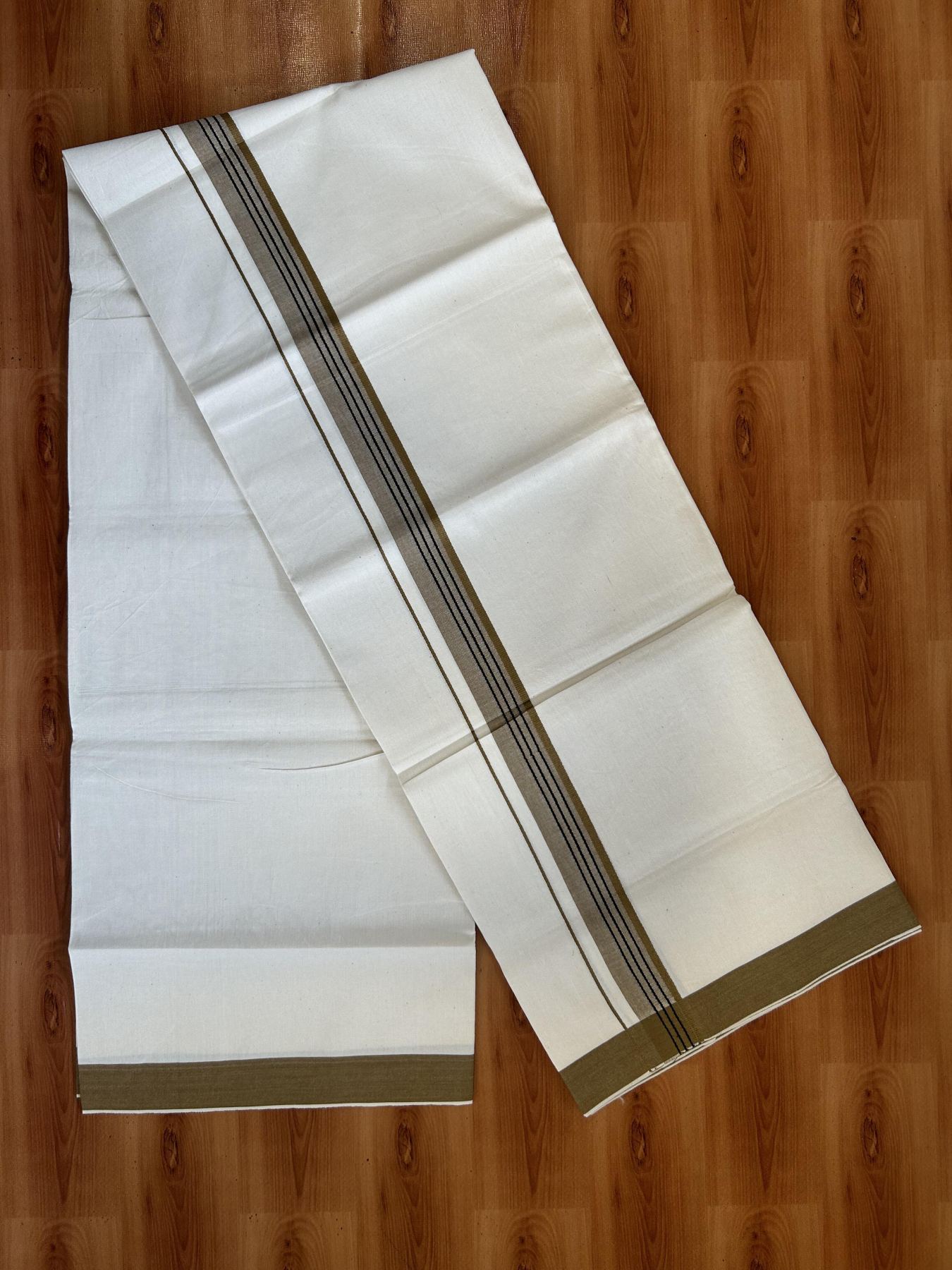 Single Mundu/Dhoti - Off White (Unbleached) 29% Discount !! KaithariKada Balaramapuram 100% Cotton Twisted 60s Thread - 1 Inch Black & Sand Brown Shaded Striped Kara (2 meter /4 muzham) - 19 KK5393 GL