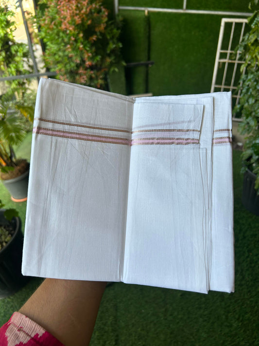 20% Discount! KaithariKada Balaramapuram 100% Cotton Double Pure white Mundu/Dhoti- 100X80 - 1 cm Baby Pink & Silver Kasav shaded Kara - Between3.80-3.95m (8 muzham) - 17 KK5355 CKS