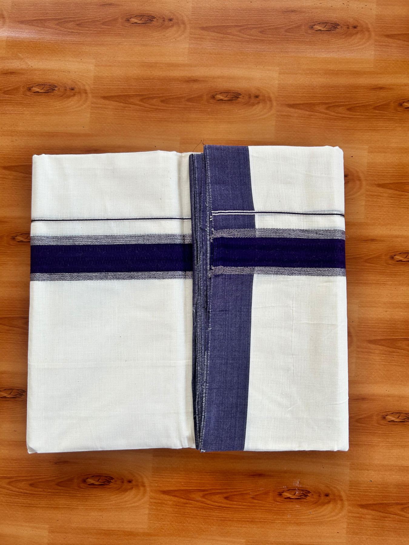 Double Off White (Unbleached) Mundu/Dhoti - 20% Discount! Kaitharikada Pure Cotton - 80x80 - 1.5 Inch Silver Kasav & Dark Purple Kara 4 mtr (8.5 muzham) - 2 KK5478 MRH