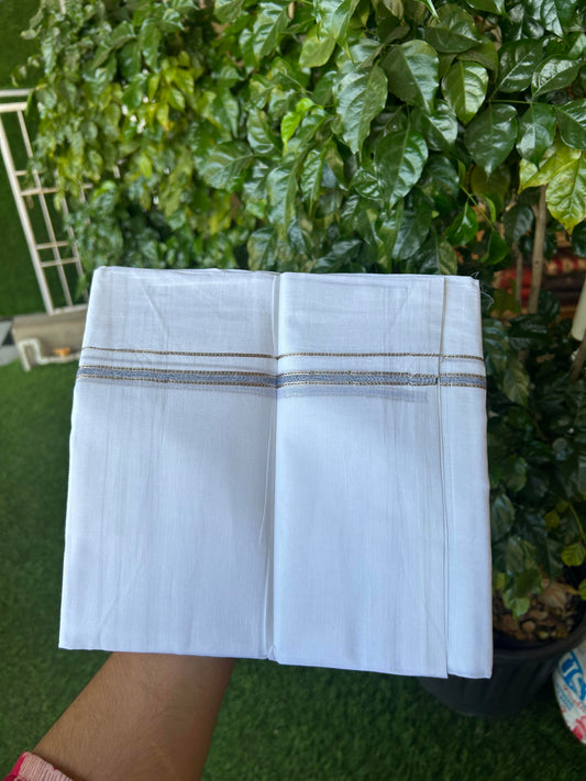 20% Discount! KaithariKada Balaramapuram 100% Cotton Double Pure white Mundu/Dhoti- 100X80 - 1 cm Navy Blue & Silver Kasav shaded Kara - Between3.80-3.95m (8 muzham) - 19 KK5355 CKS
