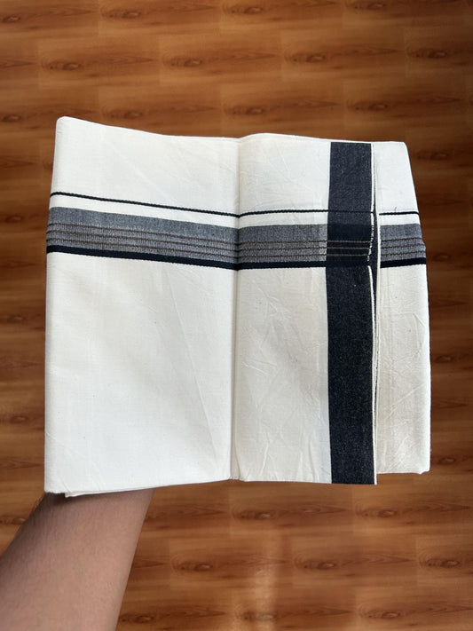 Single Mundu/Dhoti - Off White (Unbleached) 29% Discount !! KaithariKada Balaramapuram 100% Cotton Twisted 60s Thread - 1 Inch Brown & Black Shaded Striped Kara (2 meter /4 muzham) - 23 KK5393 GL
