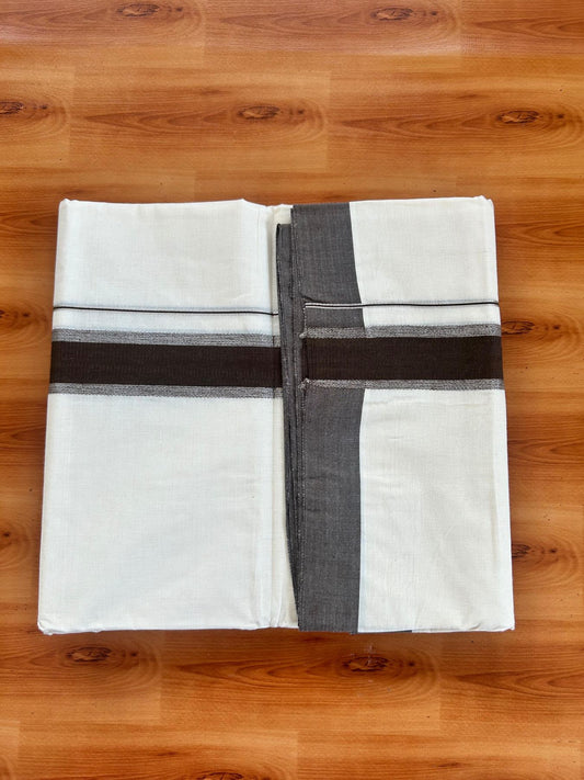 Double Off White (Unbleached) Mundu/Dhoti - 20% Discount! Kaitharikada Pure Cotton - 80x80 - 1.5 Inch Silver Kasav & Brown Kara 4 mtr (8.5 muzham) - 1 KK5478 MRH